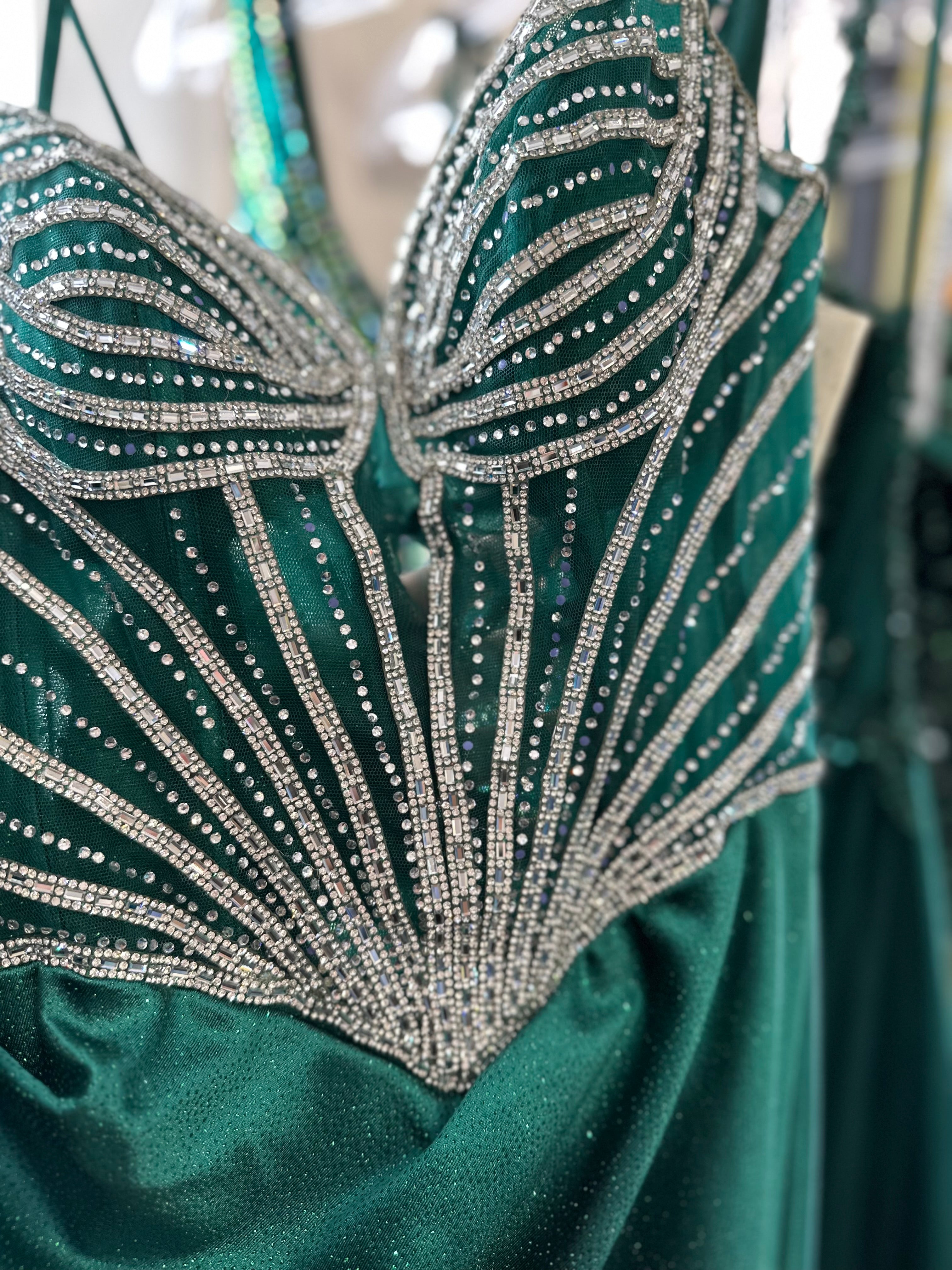 EMERALD SOFT SATIN FITTED DRESS WITH CRYSTAL EMBELLISHED DETAILS-CC8868 (SHOWROOM SALE)