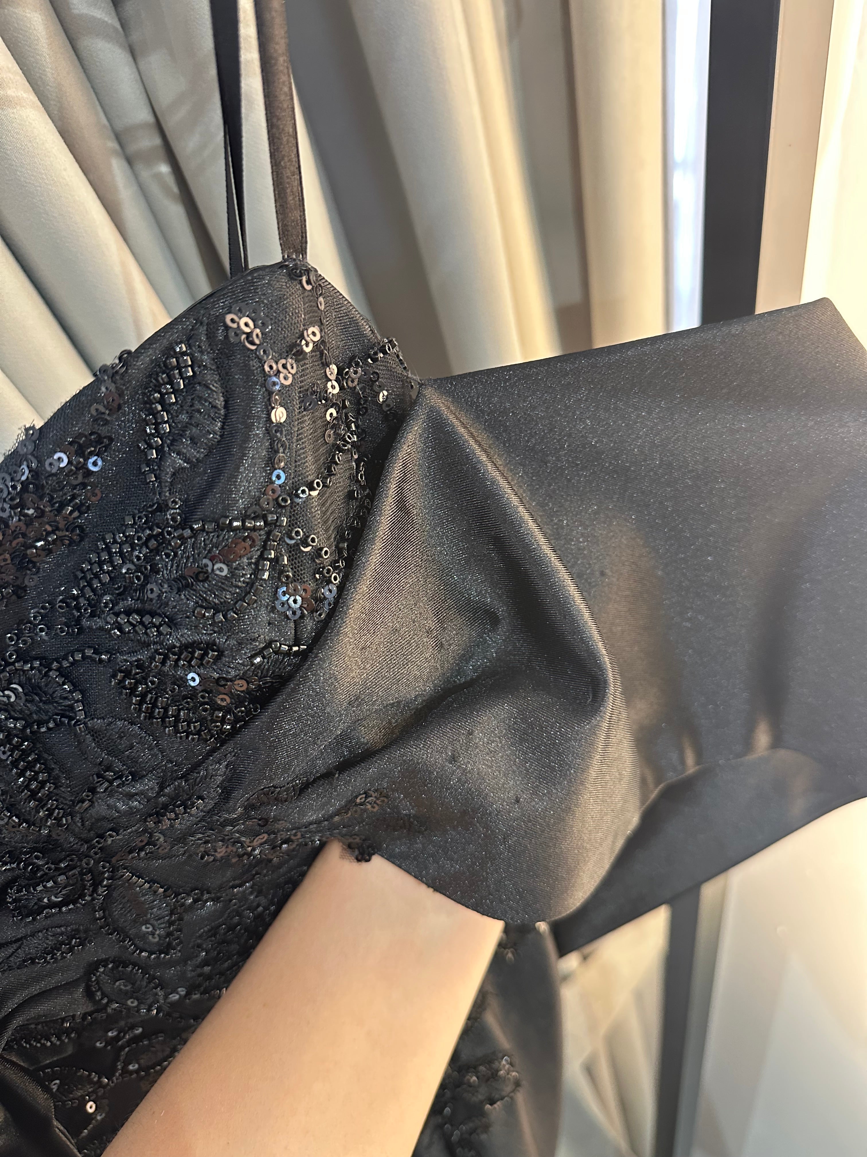 BLACK OFF THE SHOULDER SATIN & LACE GOWN- CDS507 (SHOWROOM SALE)