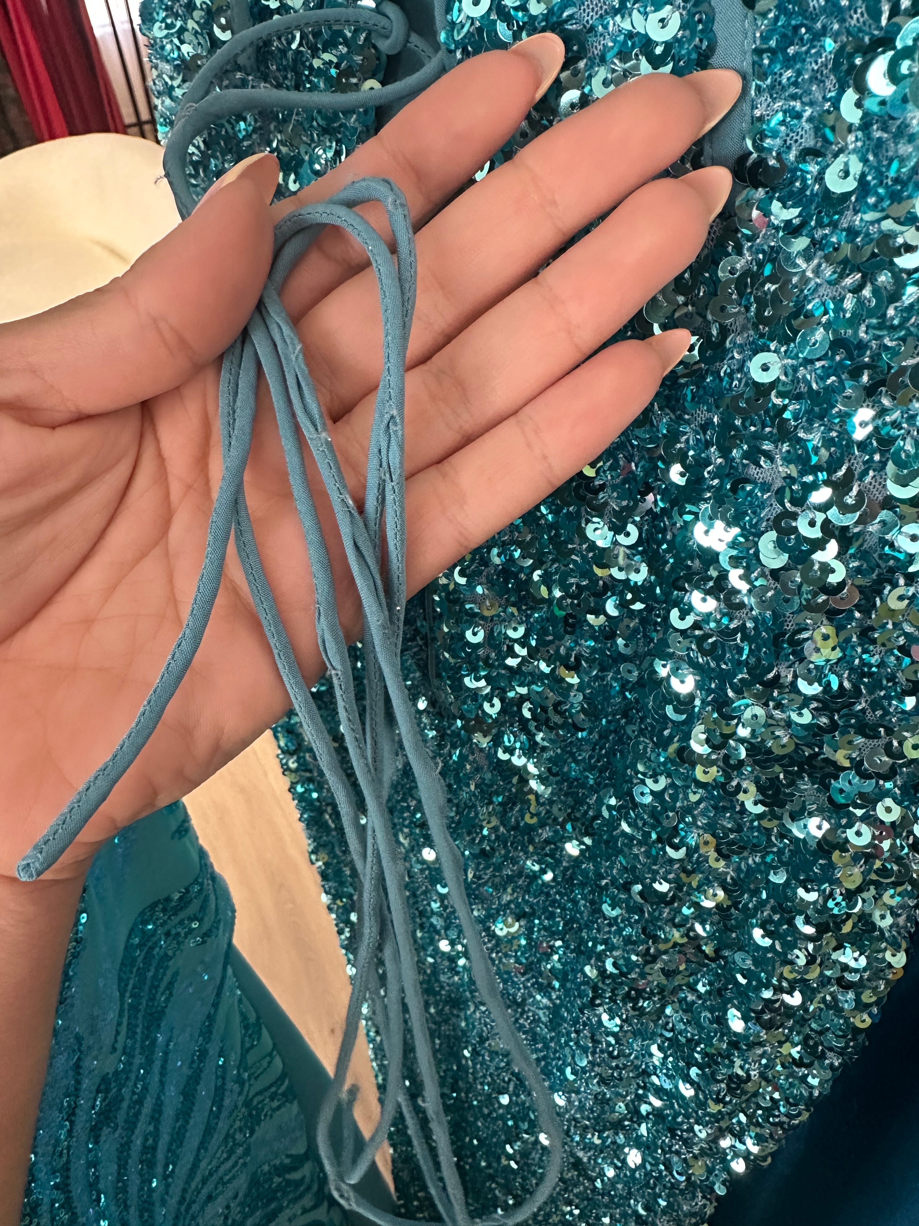 AQUA BLUE STRAPLESS HIGH SIDE SPLIT SEQUIN FORMAL DRESS - HANNA TE307 (SHOWROOM SALE)