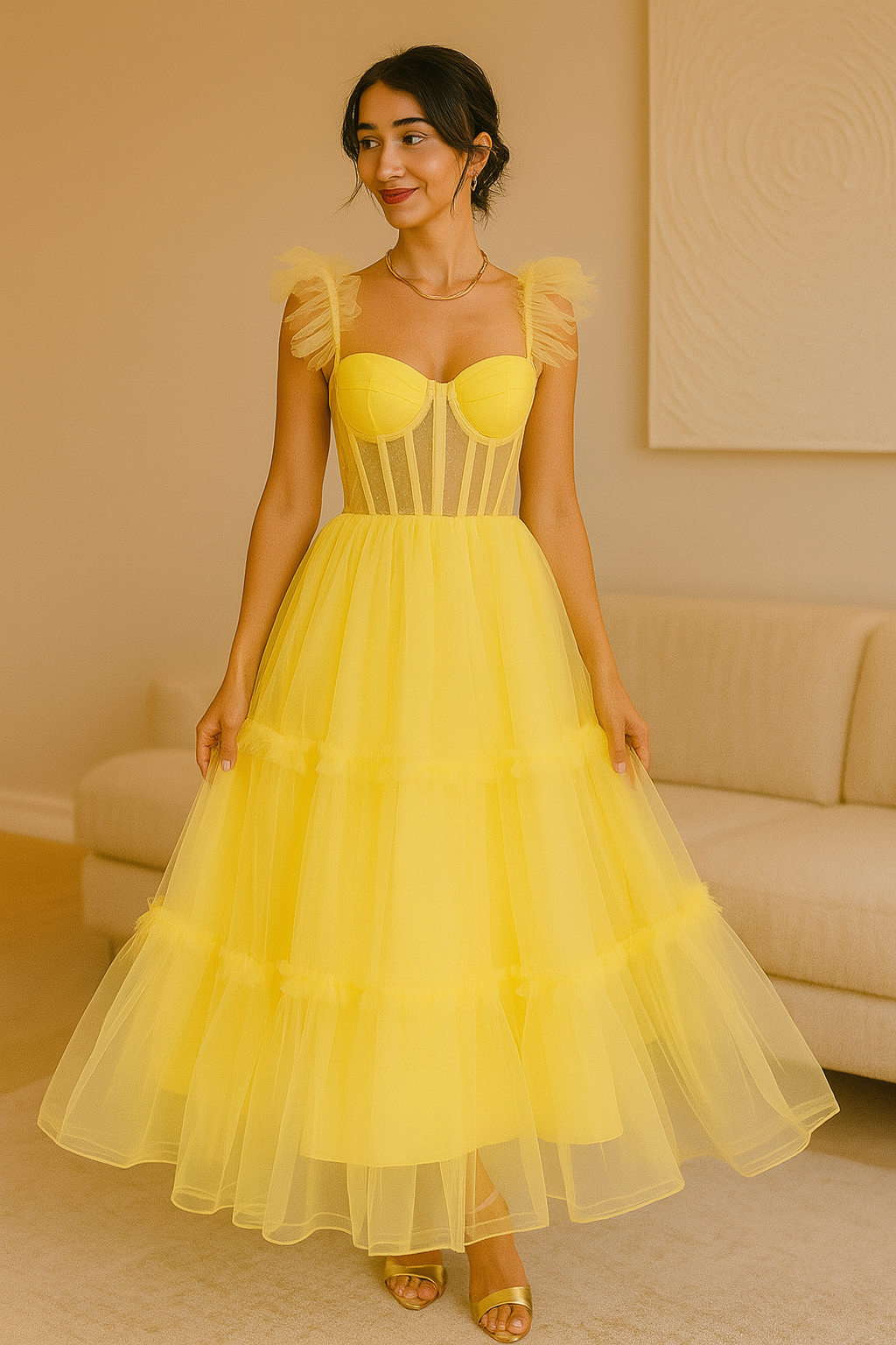 LIGHT YELLOW TULLE CORSET DRESS (RENTAL)