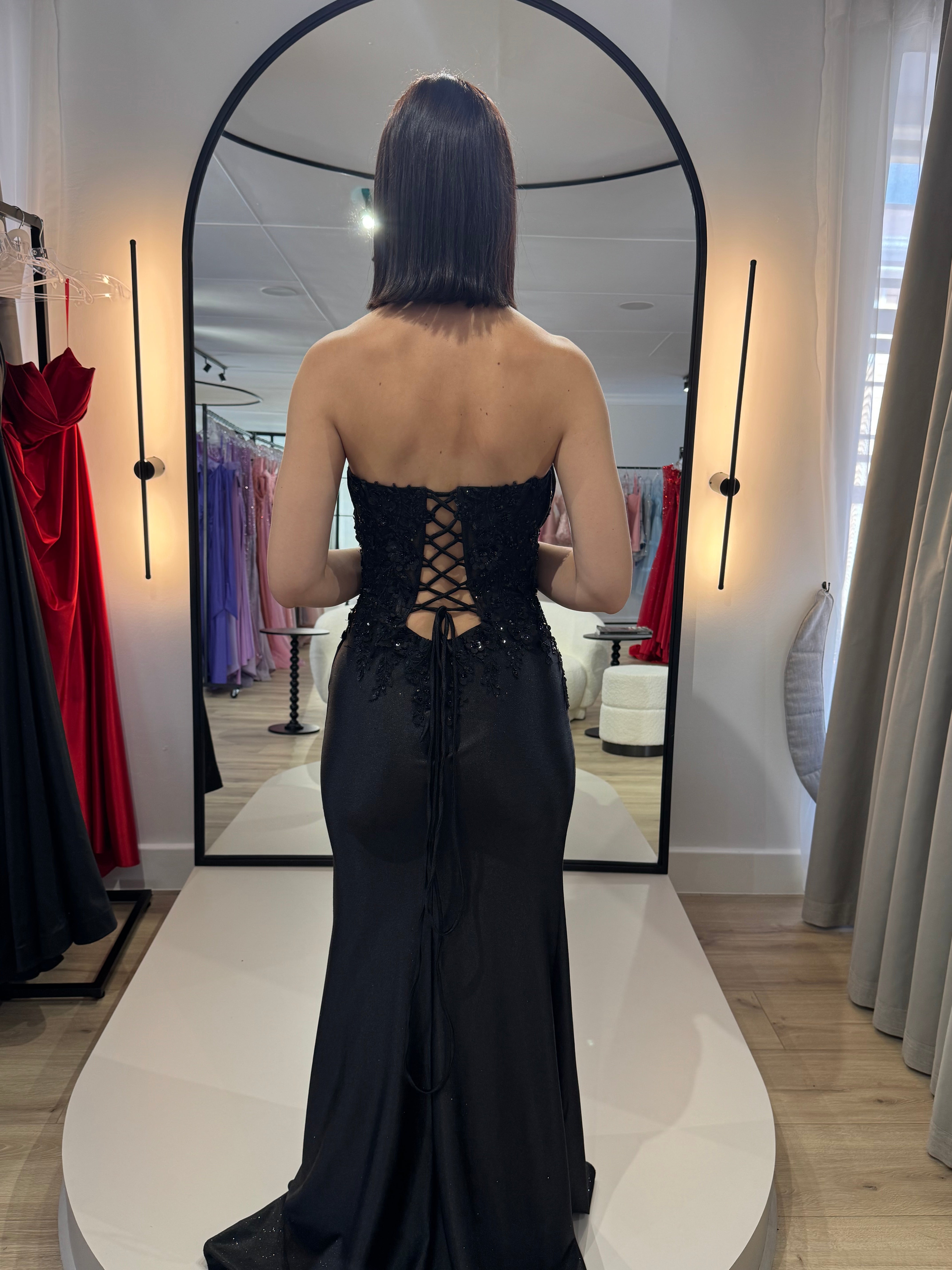 BLACK STRAPLESS LACE & STRETCH SATIN GOWN - CDS521 (SHOWROOM SALE)