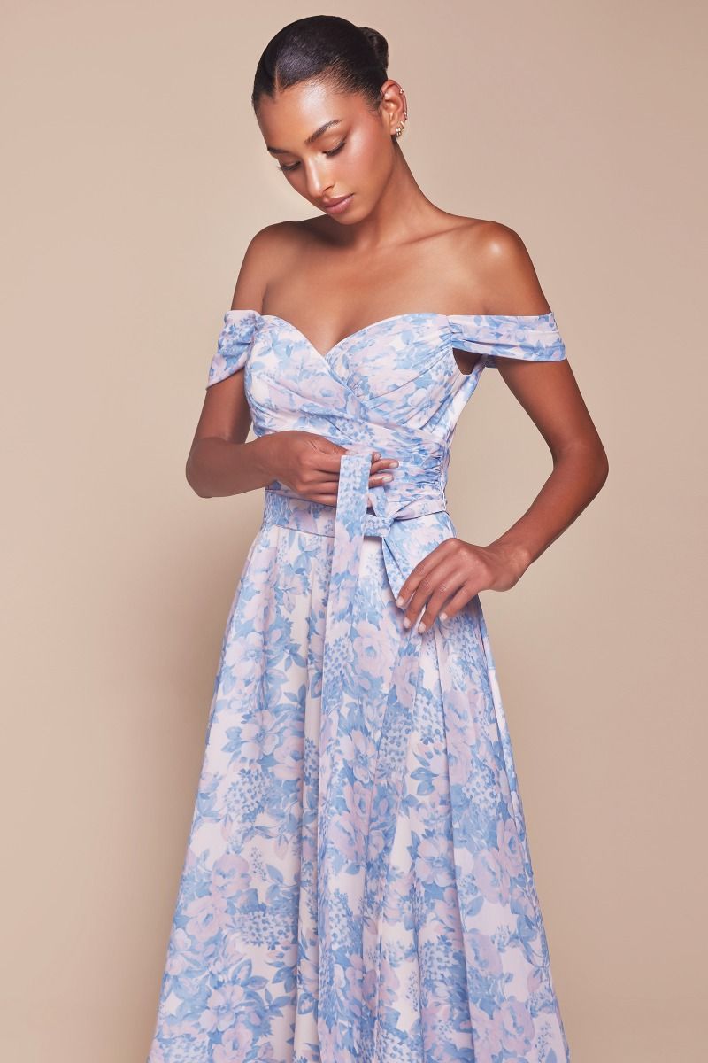 BLUE STRAPLESS A-LINE FLORAL SATIN DRESS- 7441 (RENTAL)