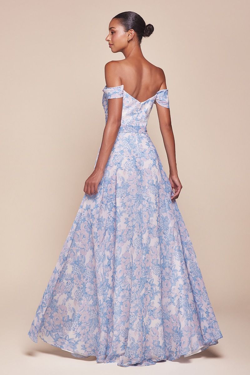 BLUE STRAPLESS A-LINE FLORAL SATIN DRESS- 7441 (RENTAL)