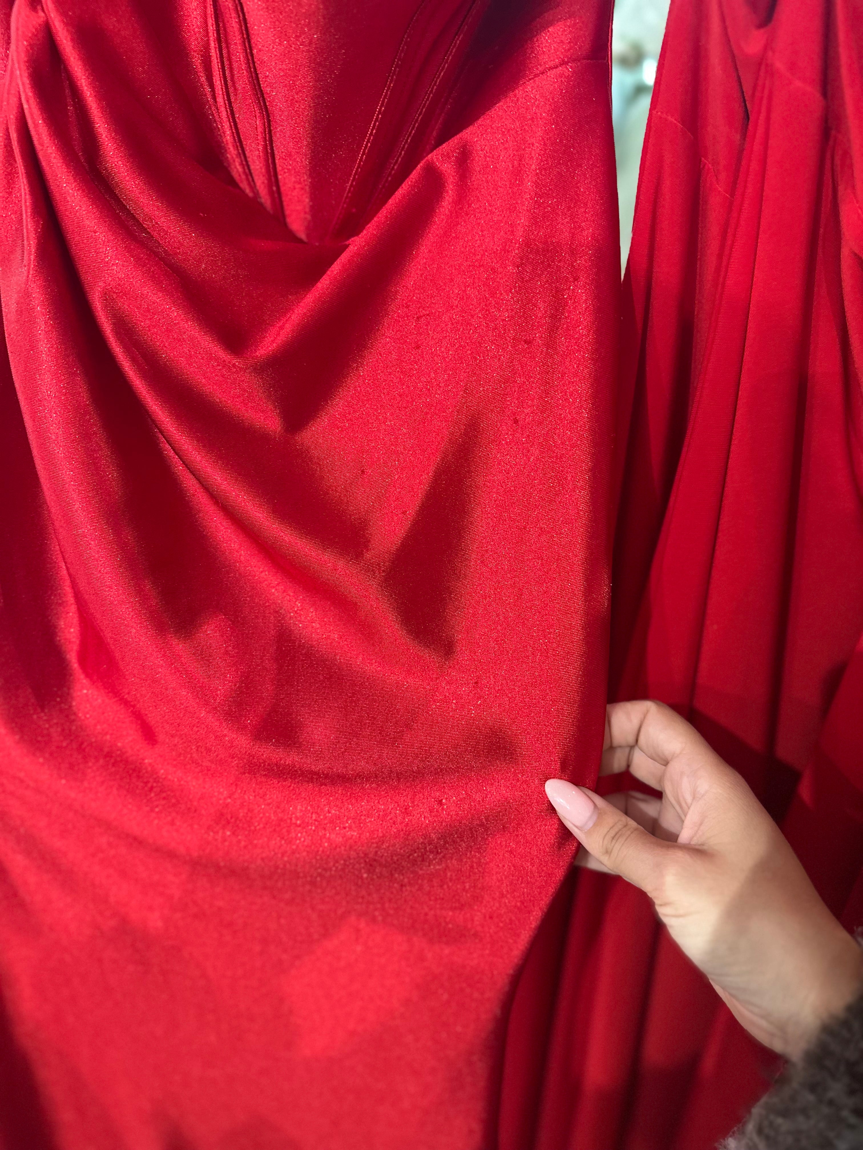 RED CRYSTAL EDGED FITTED SATIN DRESS- CDS528 (SHOWROOM SALE)