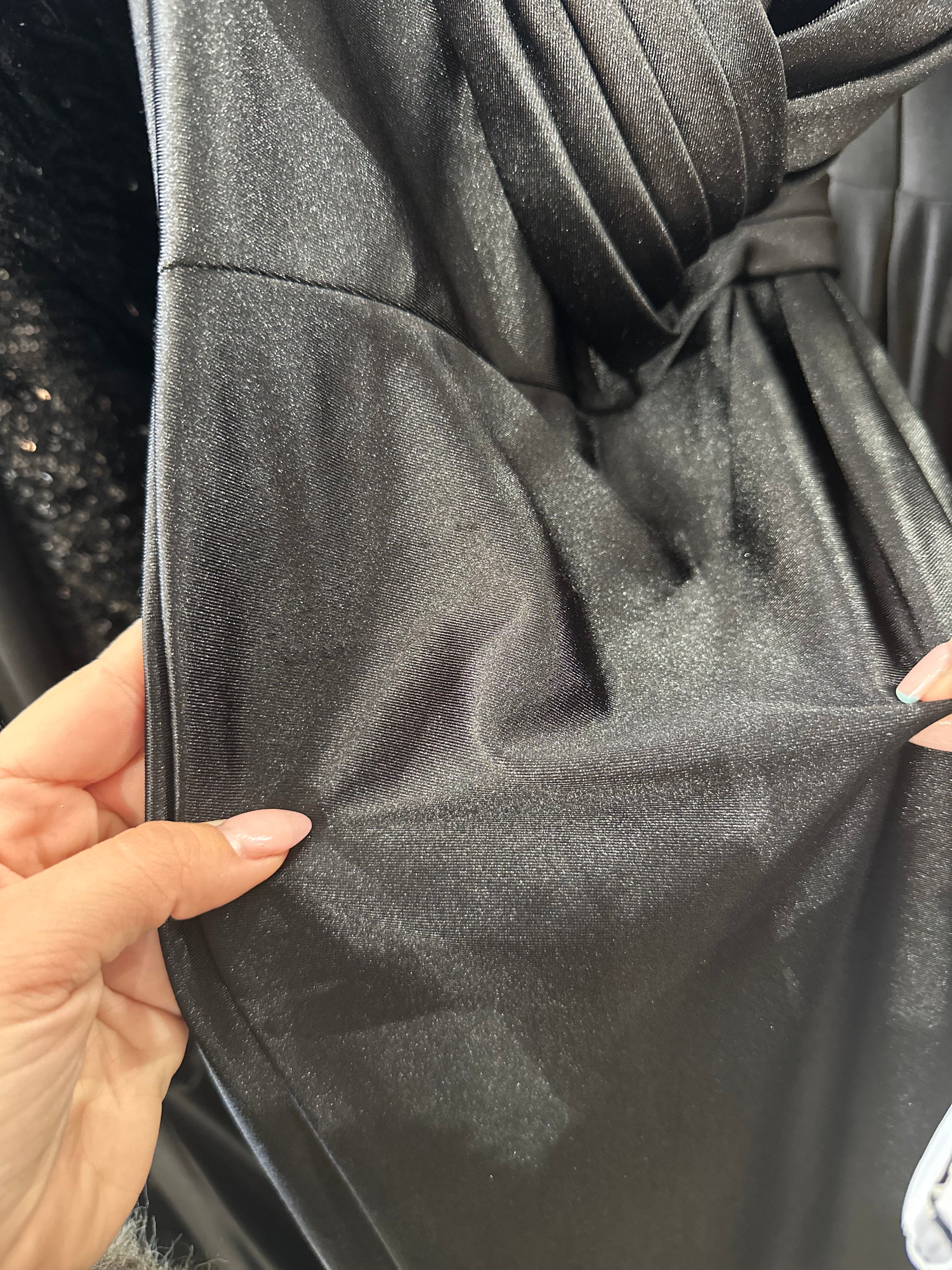 BLACK PLEATED STRAPLESS FITTED SATIN GOWN- KV1118 (SHOWROOM SALE)