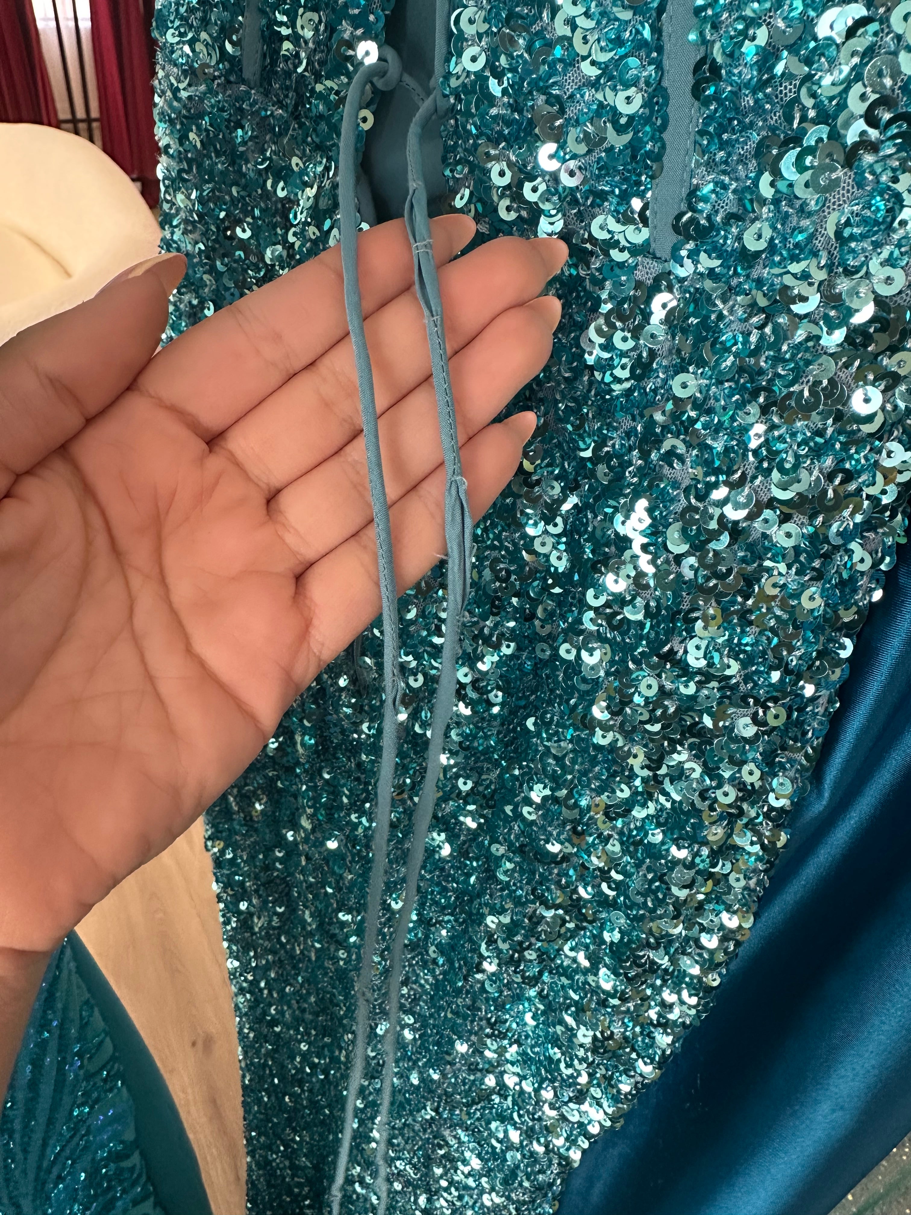 AQUA BLUE STRAPLESS HIGH SIDE SPLIT SEQUIN FORMAL DRESS - HANNA TE307 (SHOWROOM SALE)