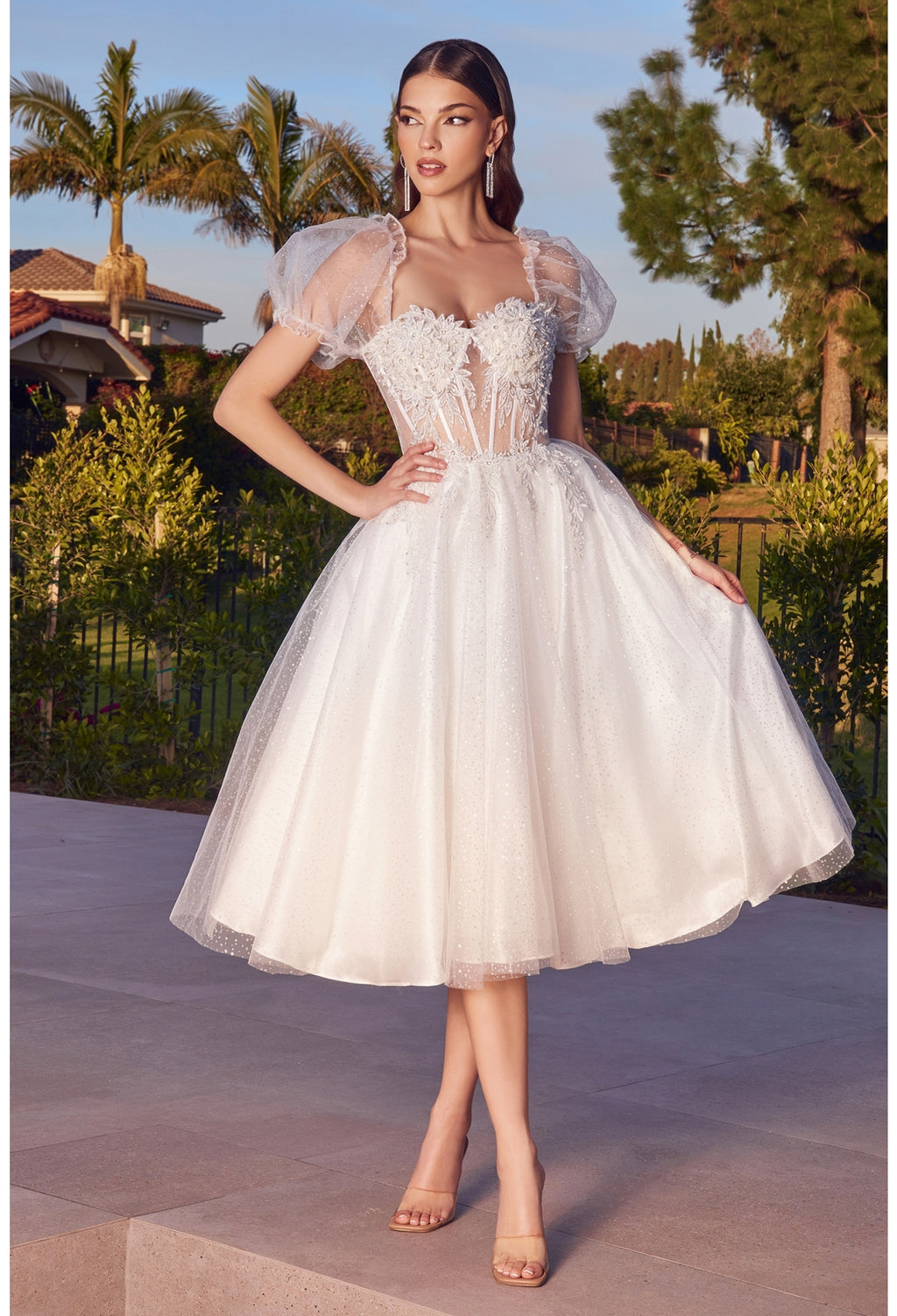 TEA LENGTH GLITTER TULLE GOWN CD0187W