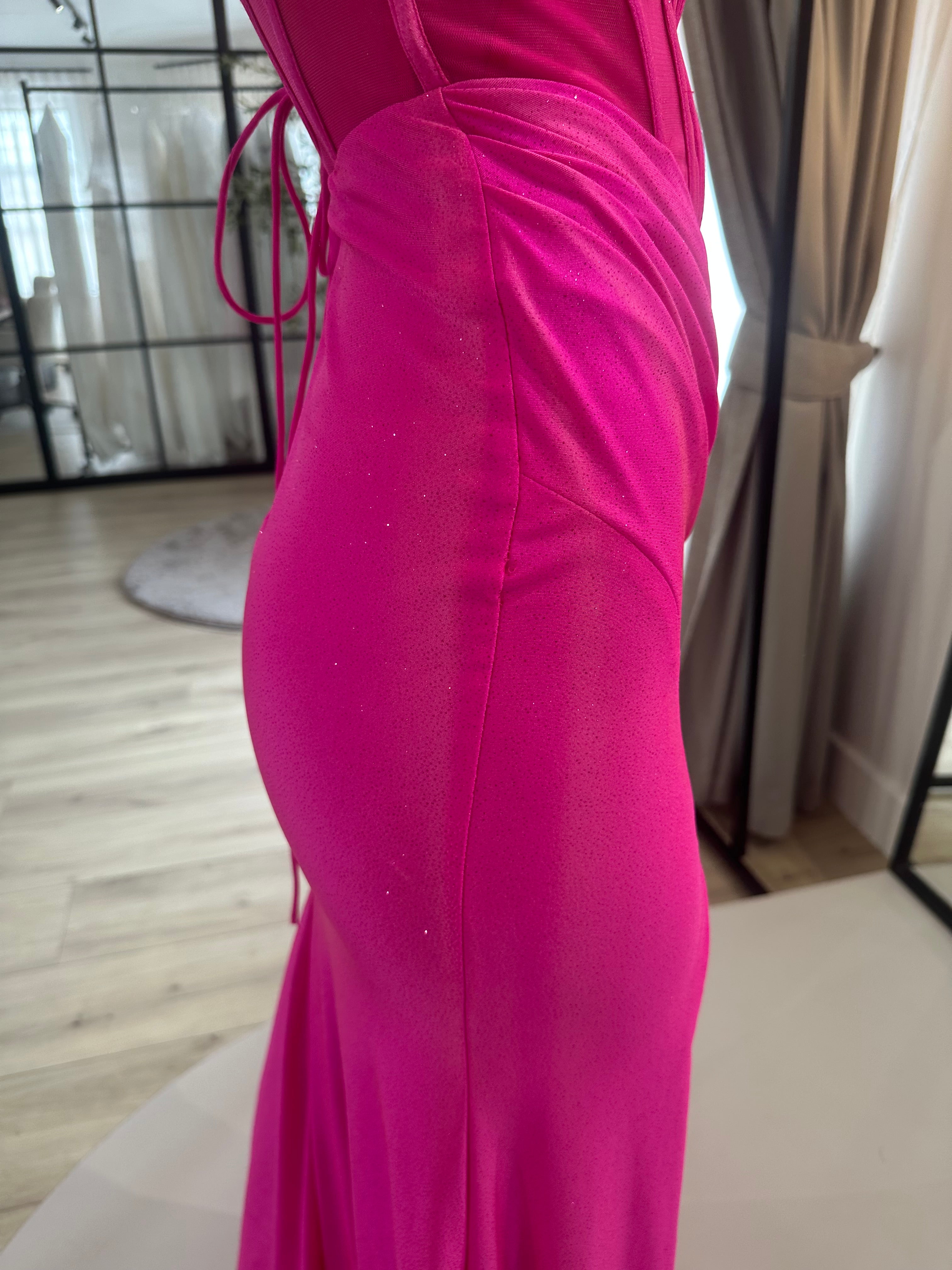 HOT PINK GLITTER FITTED GOWN WITH CRYSTAL DETAILS- CD307 (SHOWROOM SALE)