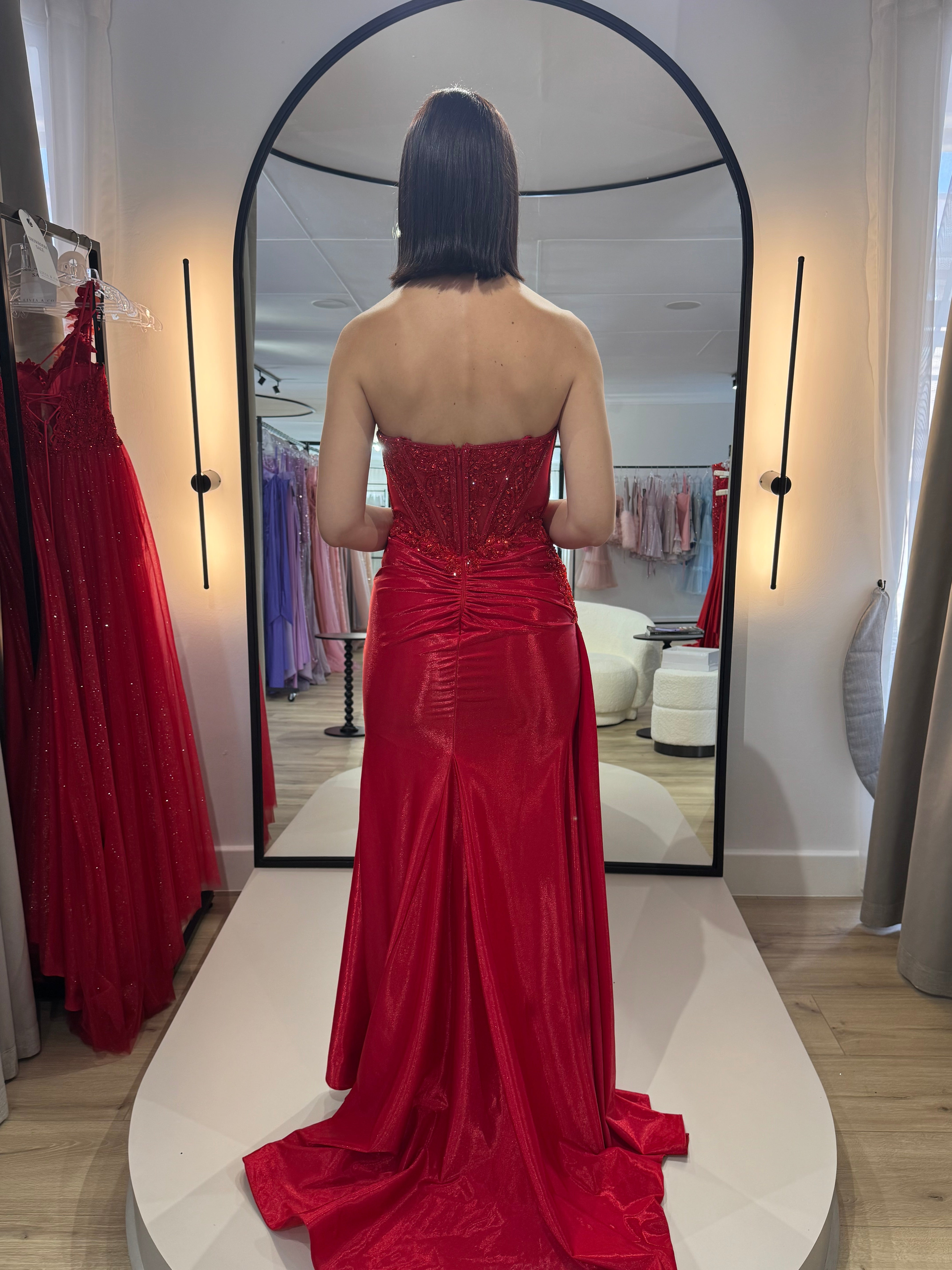 RED STRAPLESS STRETCH TAFFETA FITTED GOWN- CM369 (SHOWROOM SALE)