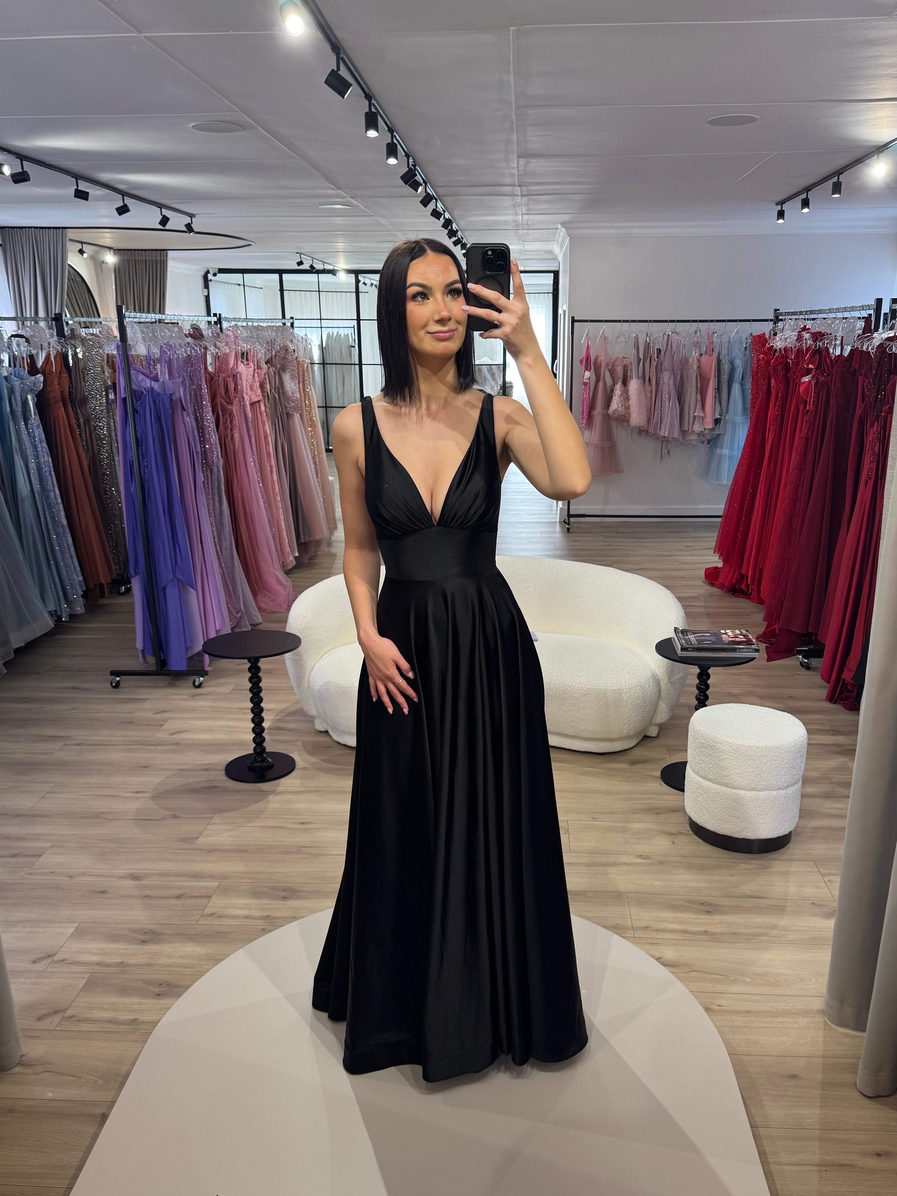 BLACK GLIMMERING STRETCH SATIN A-LINE DRESS- CC2349 (SHOWROOM SALE)