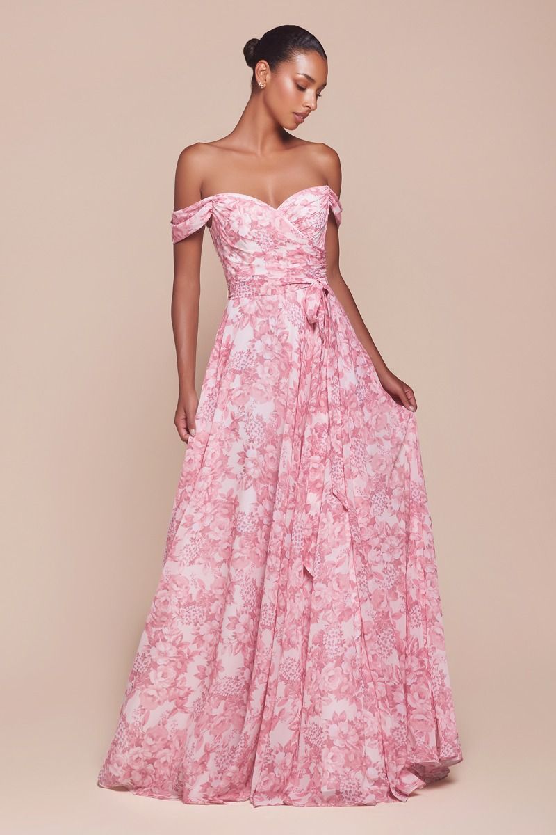 ROSE OFF THE SHOULDER FLORAL PRINTED A-LINE DRESS- 7441 (RENTAL)