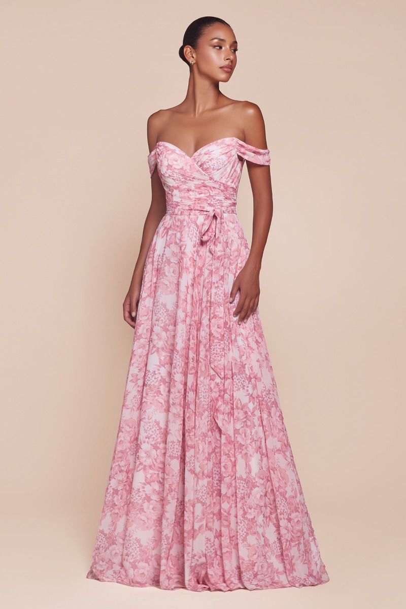 ROSE OFF THE SHOULDER FLORAL PRINTED A-LINE DRESS- 7441 (RENTAL)