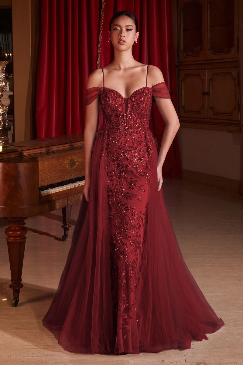EMBELLISHED OFF THE SHOULDER FITTED GOWN- SF009