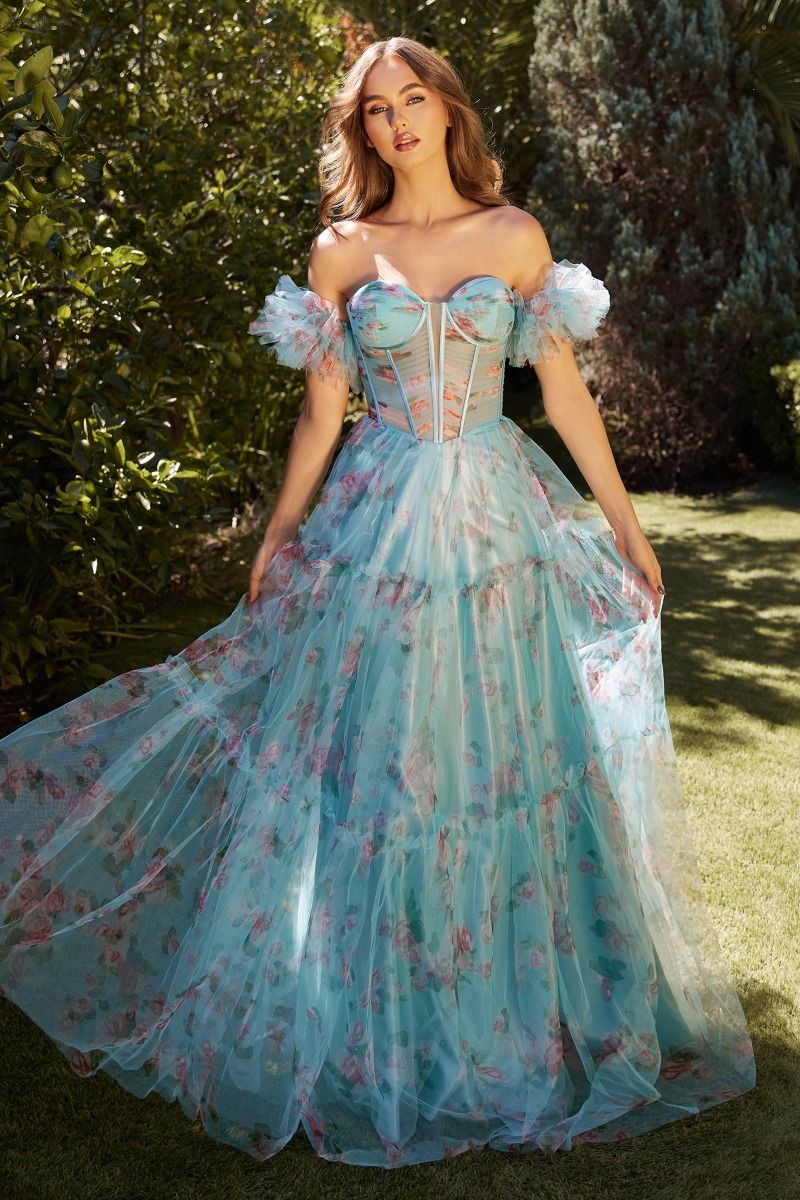 BLUE FLORAL PRINTED BALL GOWN- A1285