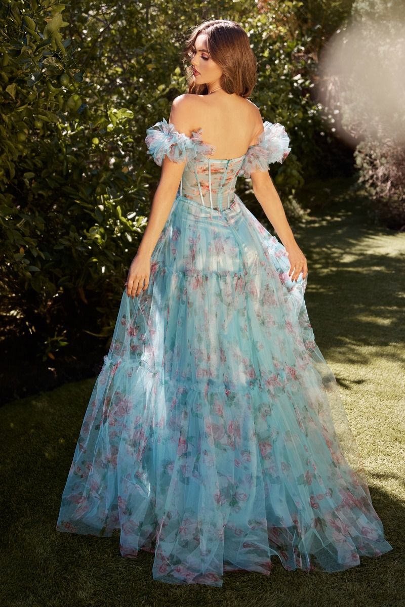 BLUE FLORAL PRINTED BALL GOWN- A1285
