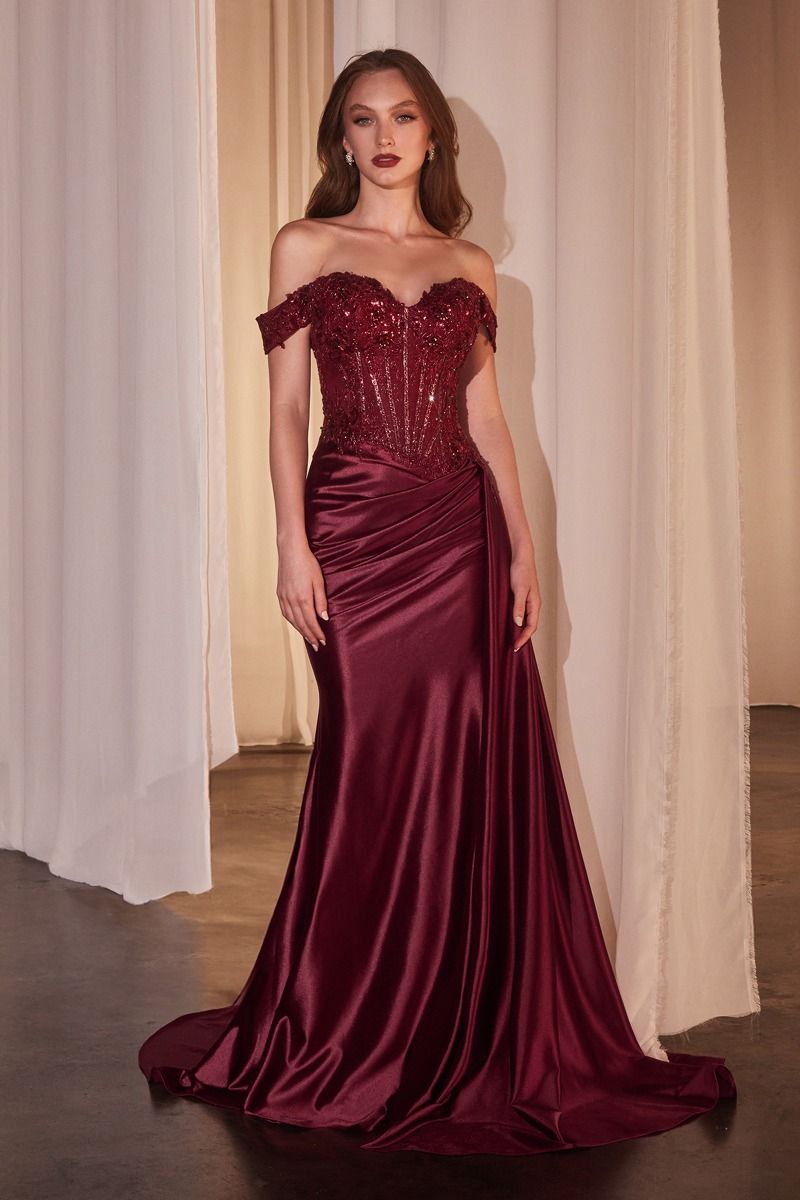 OFF THE SHOULDER LACE & SATIN FITTED GOWN- CD803