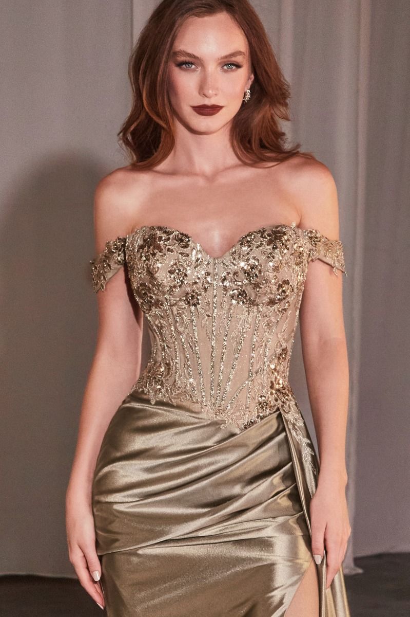 OFF THE SHOULDER LACE & SATIN FITTED GOWN- CD803