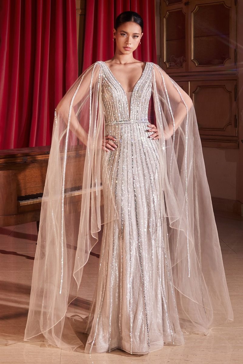 EMBELLISHED LONG CAPE SLEEVE GOWN- CD865
