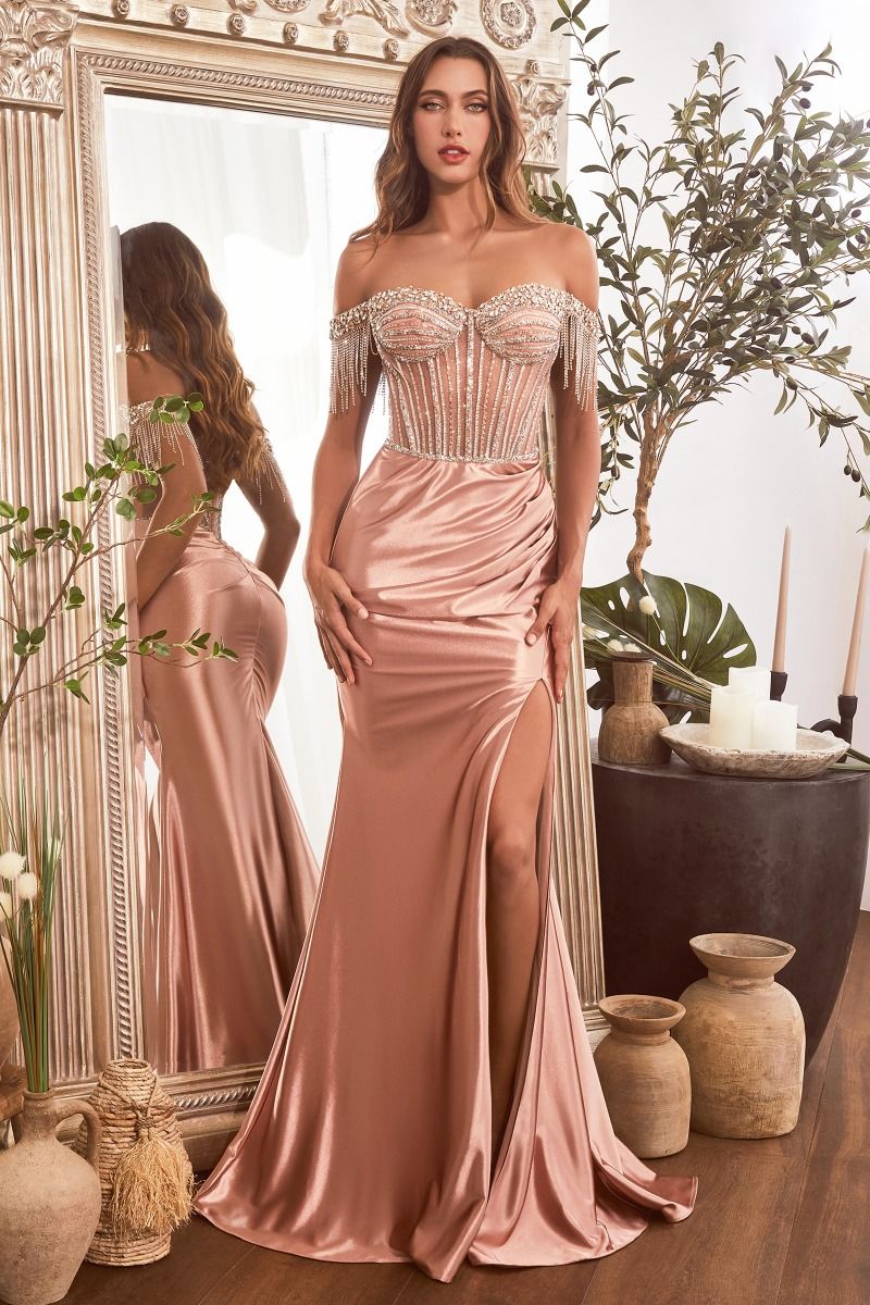 EMBELLISHED OFF THE SHOULDER SATIN GOWN- CD821