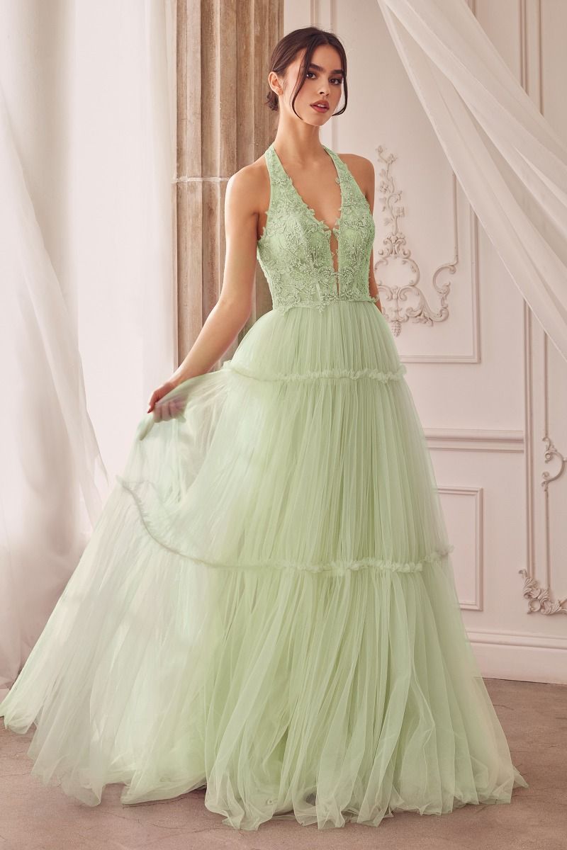 GARDEN LACE HALTER GOWN WITH TIER SKIRT- A1206
