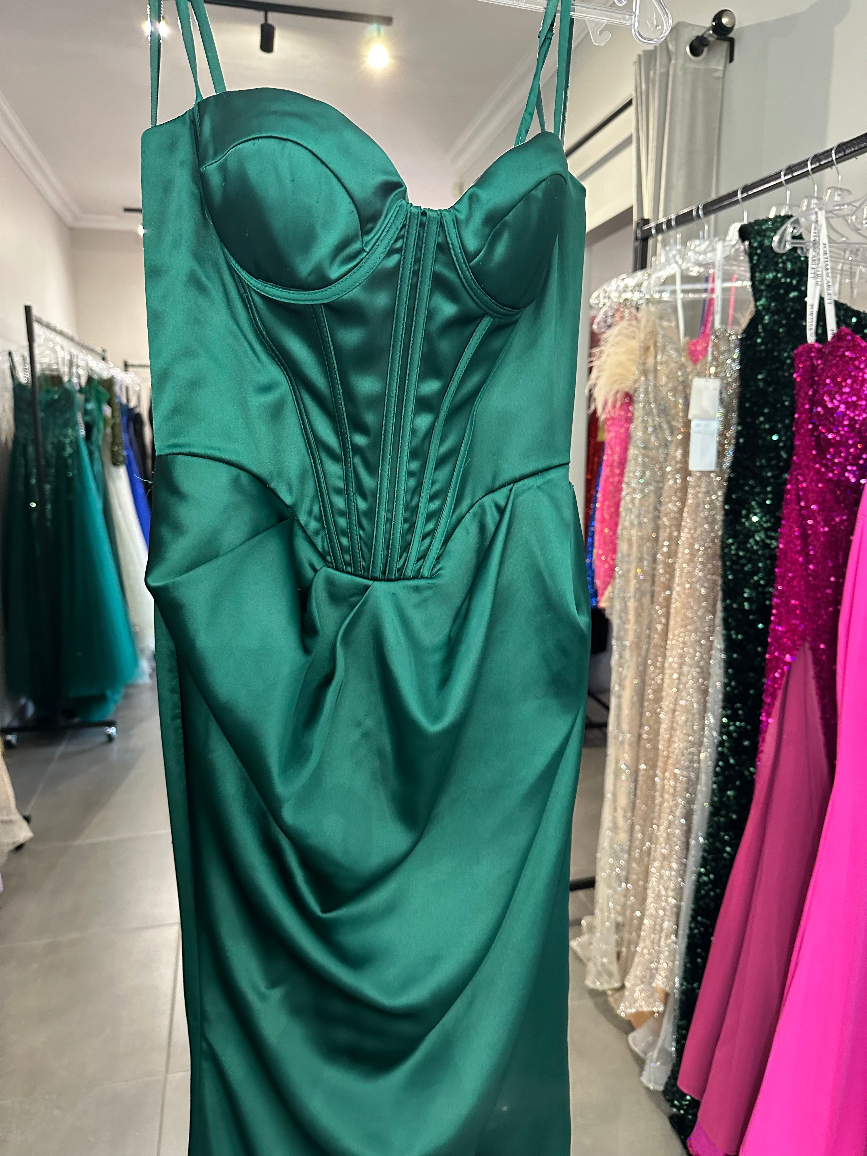 EMERALD FITTED CORSET SATIN DRAPED GOWN- 7498 (SHOWROOM SALE)