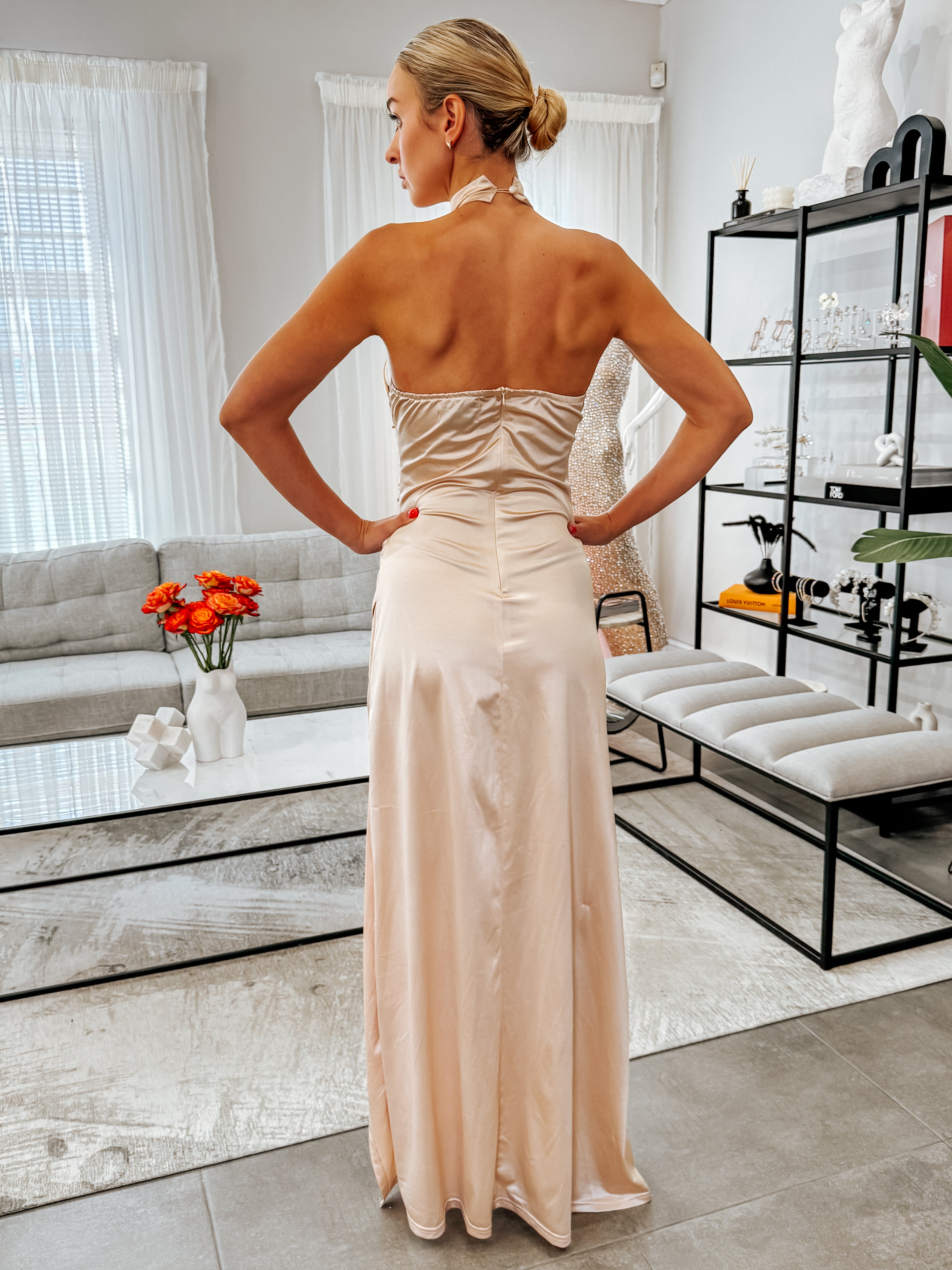 CHAMPAGNE HALTER NECK DRESS