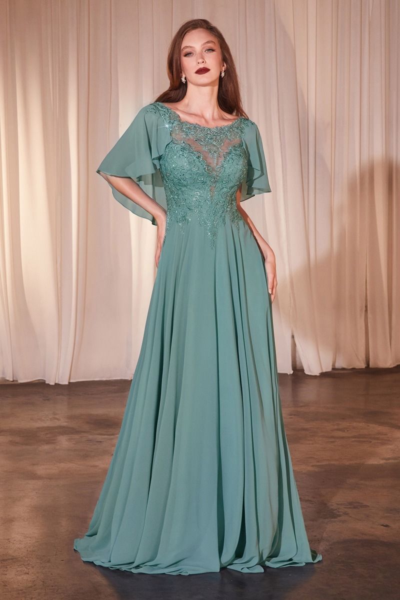 A LINE CHIFFON GOWN WITH CAPLET HT101 Livia Co