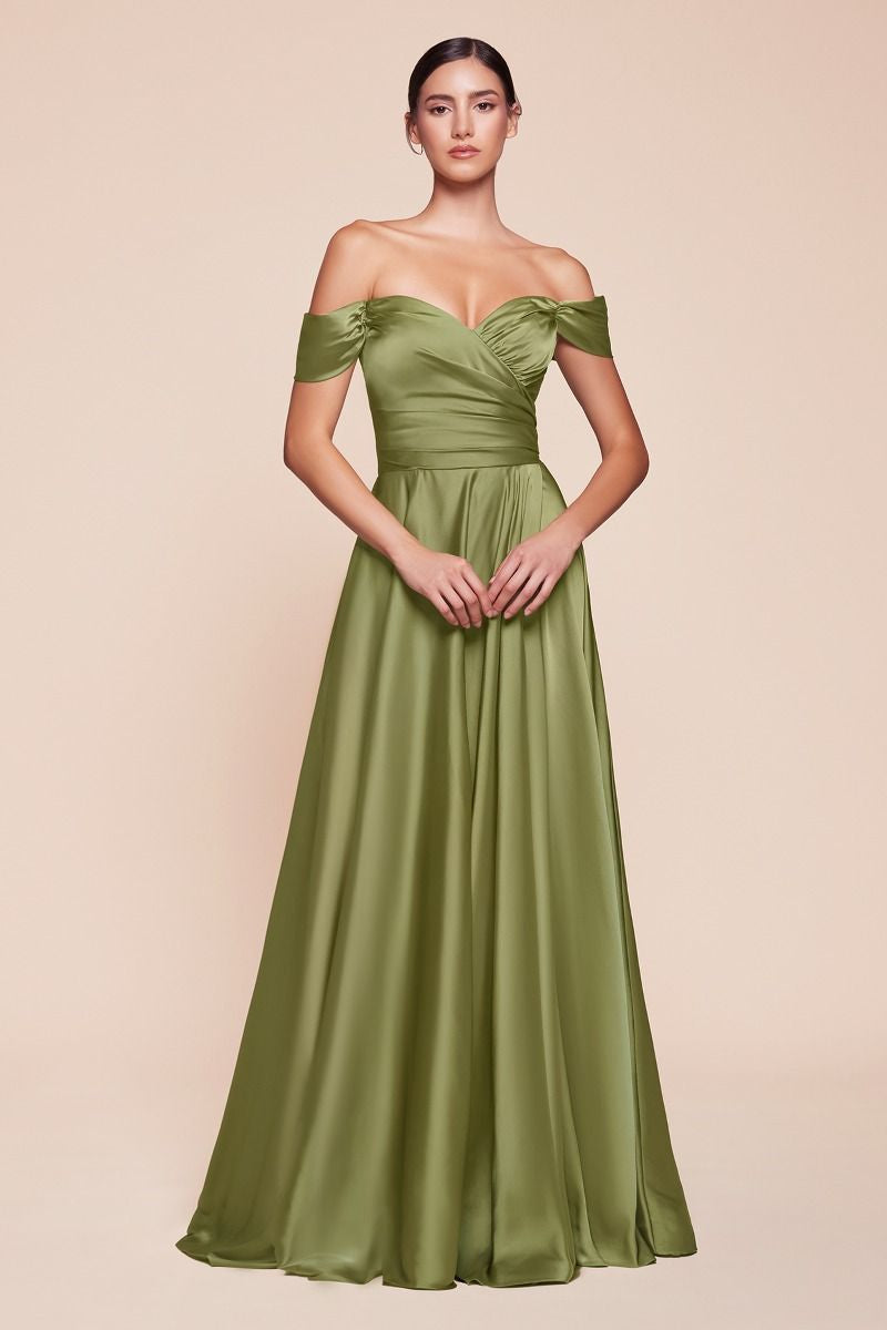 A- LINE SATIN OFF THE SHOULDER DRESS -7493