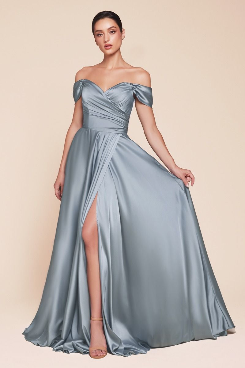 A- LINE SATIN OFF THE SHOULDER DRESS -7493