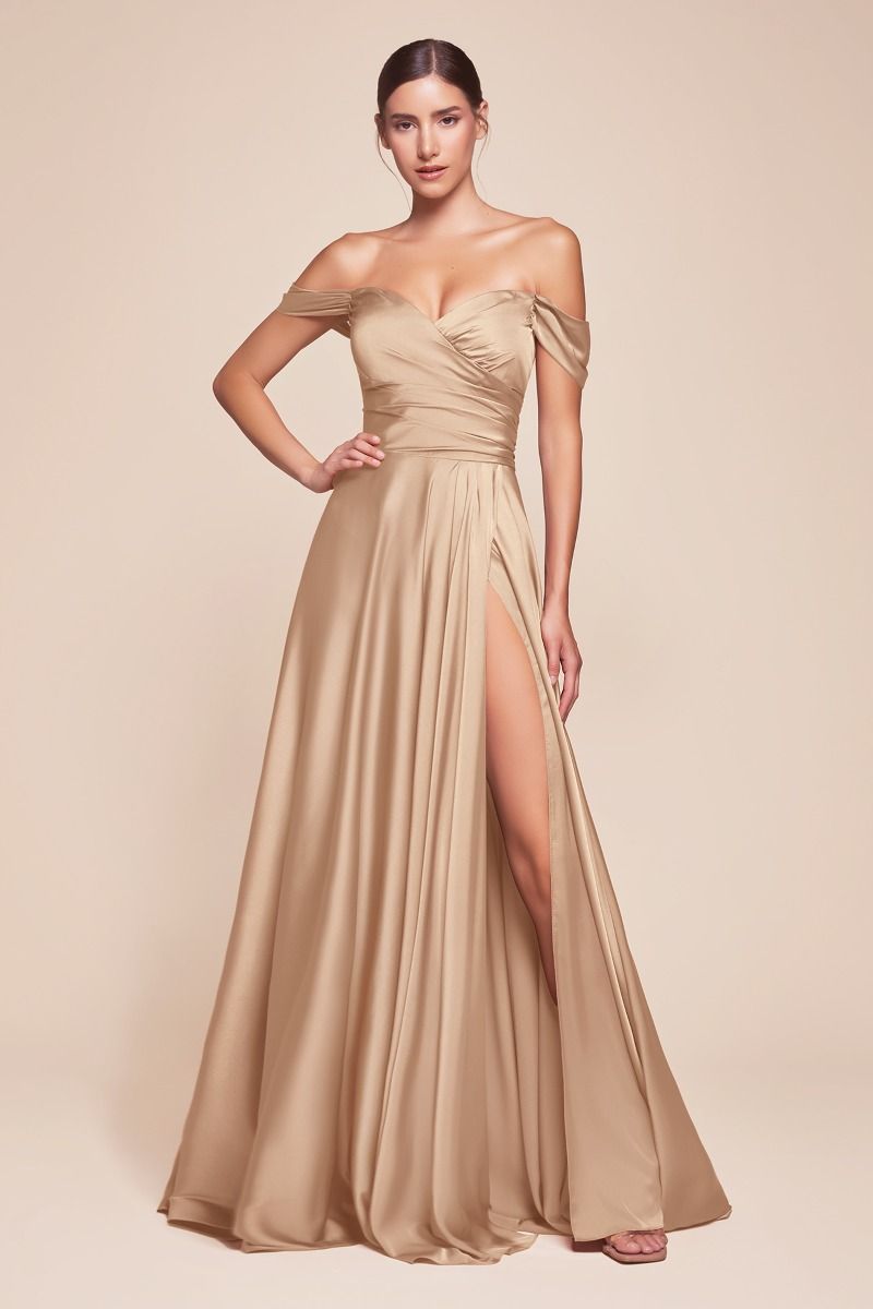 A- LINE SATIN OFF THE SHOULDER DRESS -7493