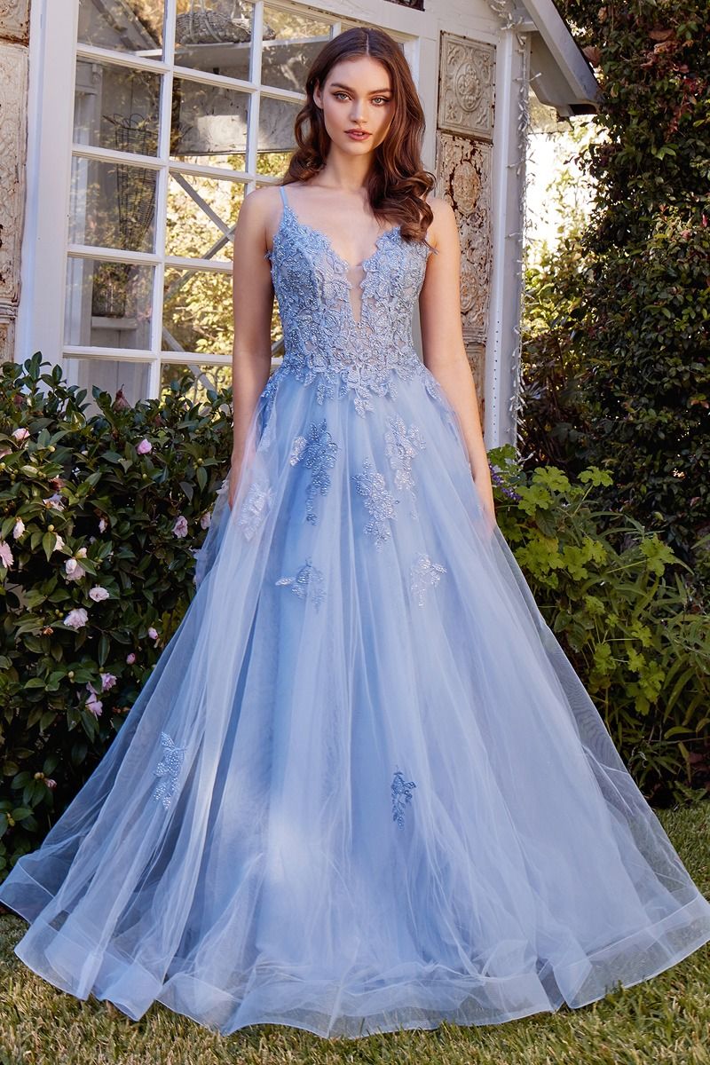 LACE APPLIQUED A-LINE LAYERED TULLE GOWN- A1417