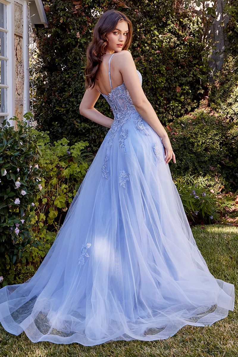 LACE APPLIQUED A-LINE LAYERED TULLE GOWN- A1417