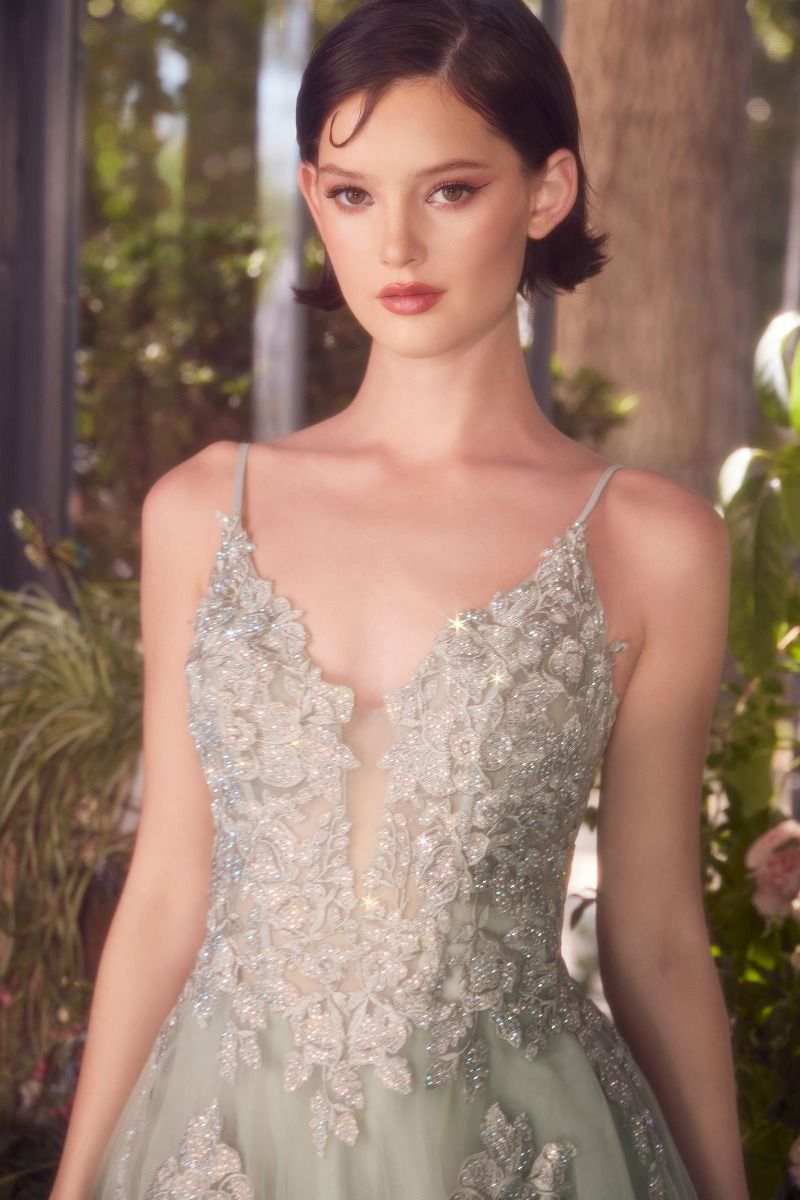 LACE APPLIQUED A-LINE LAYERED TULLE GOWN- A1417
