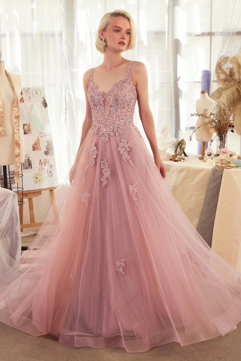 LACE APPLIQUED A-LINE LAYERED TULLE GOWN- A1417