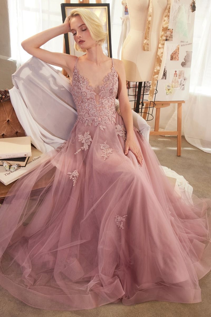 LACE APPLIQUED A-LINE LAYERED TULLE GOWN- A1417