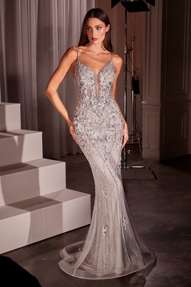 LACE & TULLE CRYSTAL EMBELLISHED FITTED GOWN- CD795