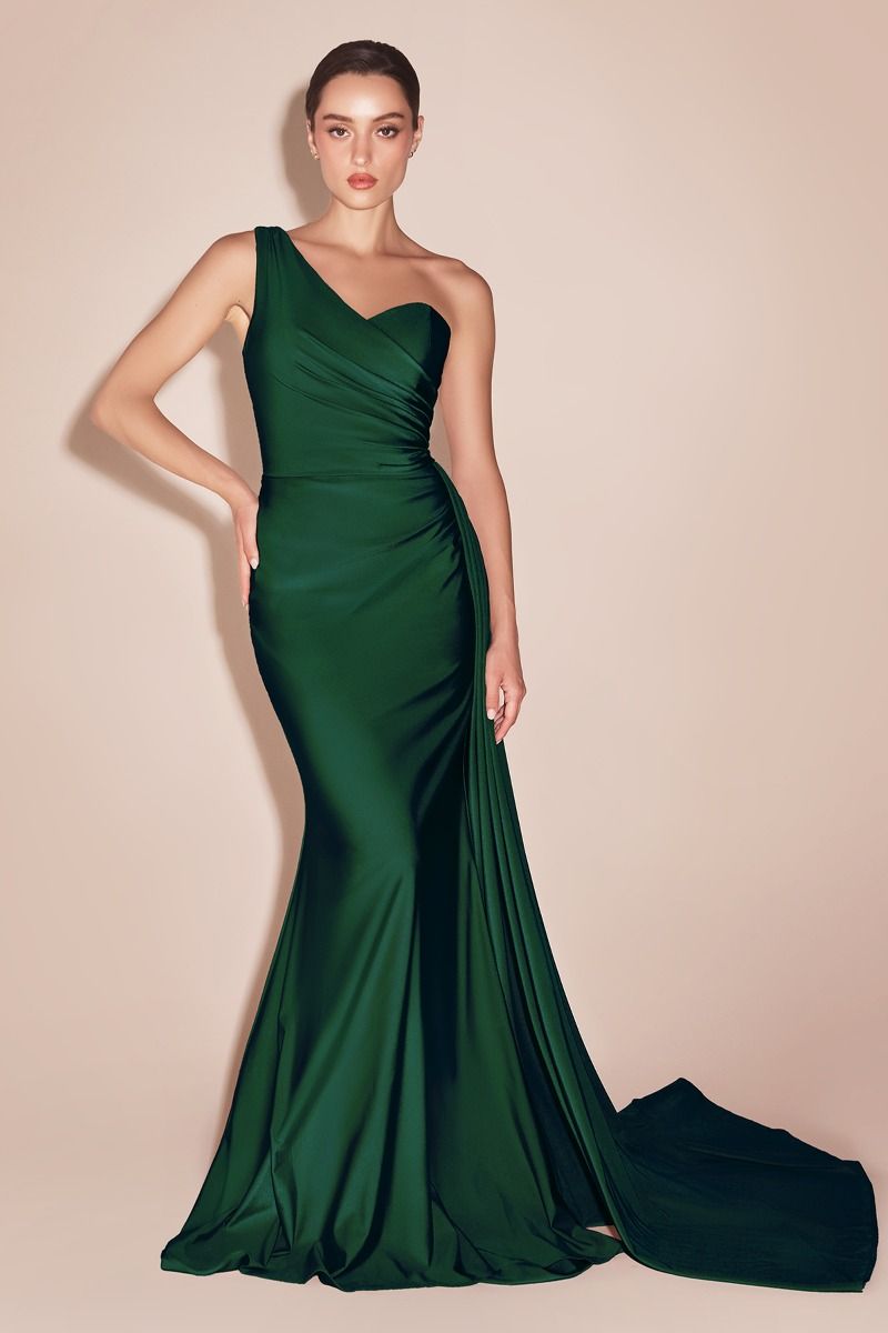 ONE SHOULDER STRETCH SATIN GOWN- PT004