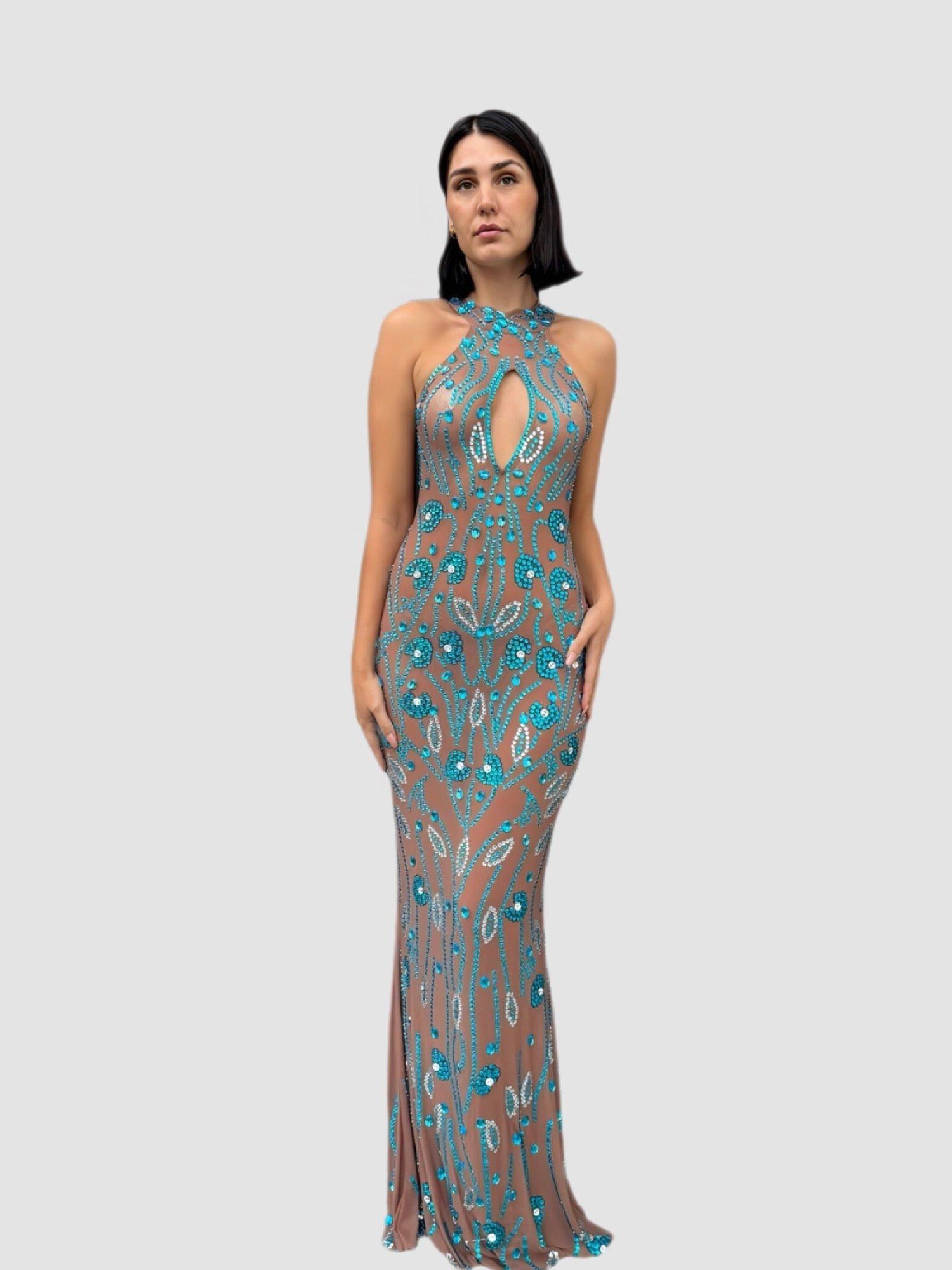 AQUA TRANSLUCENT HALTER GOWN