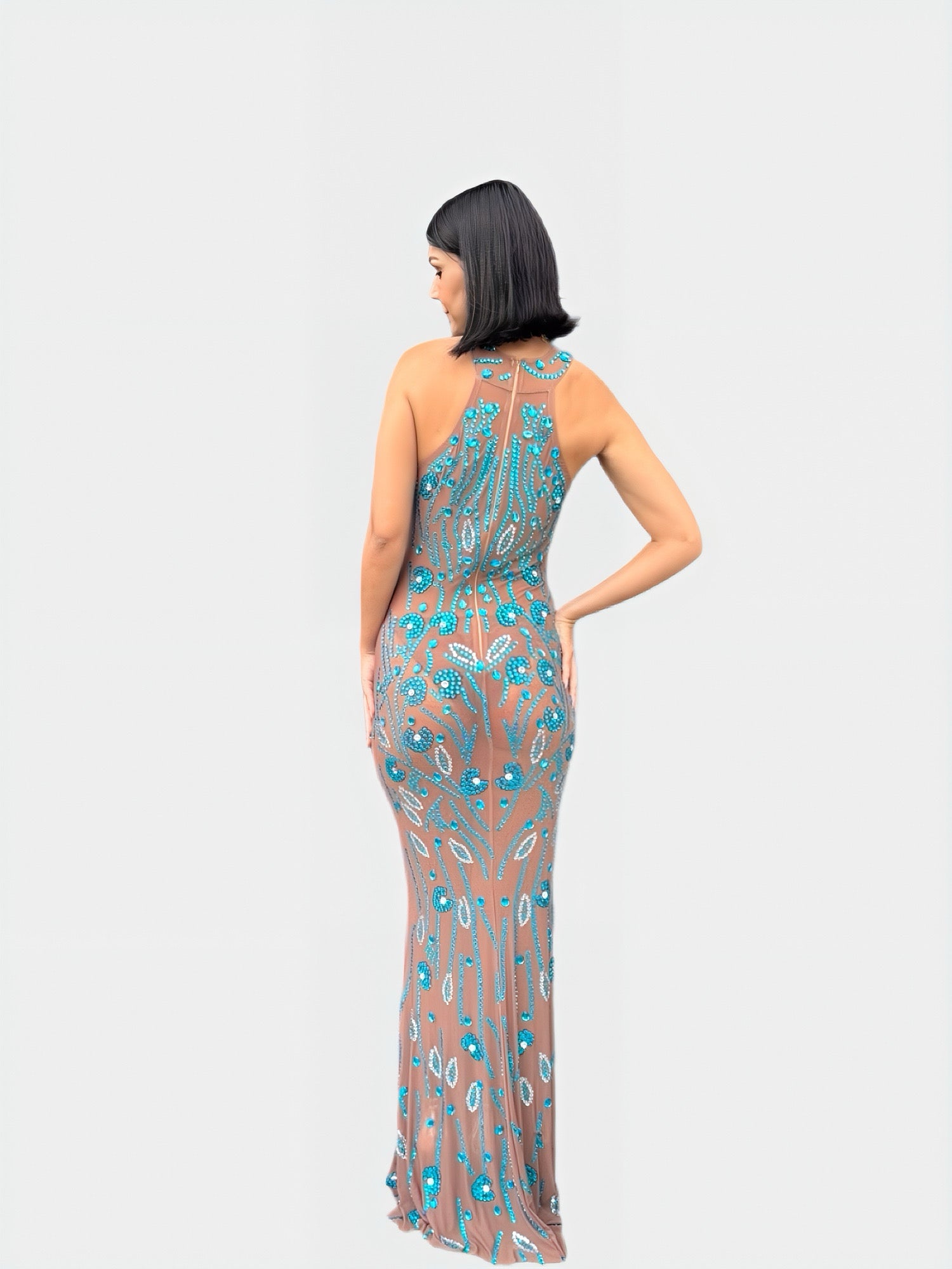 AQUA TRANSLUCENT HALTER GOWN