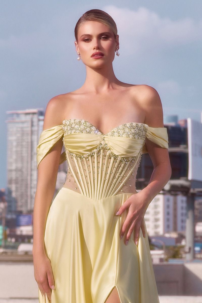 STRAPLESS BEADED SATIN A-LINE DRESS- CD297
