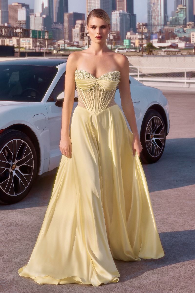 STRAPLESS BEADED SATIN A-LINE DRESS- CD297