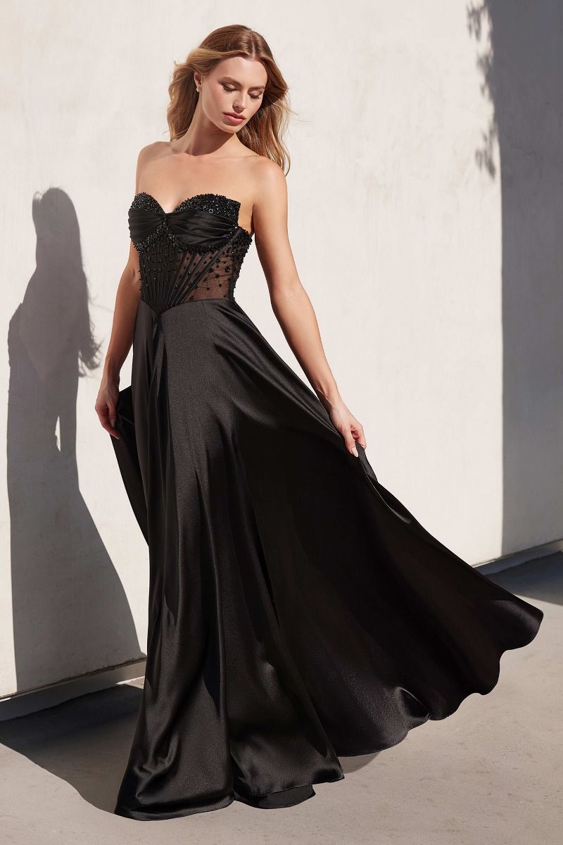 STRAPLESS BEADED SATIN A-LINE DRESS- CD297