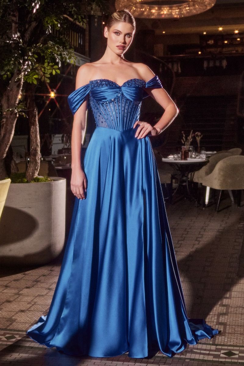 STRAPLESS BEADED SATIN A-LINE DRESS- CD297