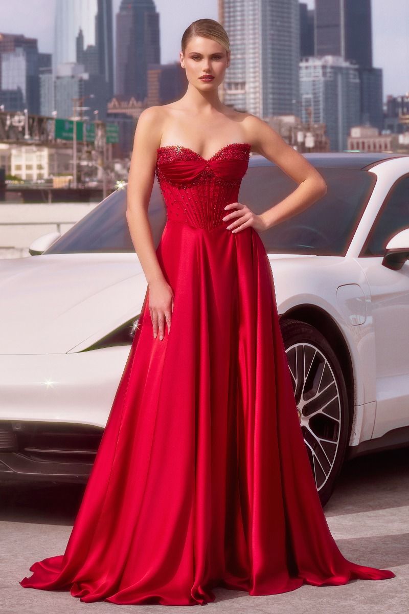 STRAPLESS BEADED SATIN A-LINE DRESS- CD297