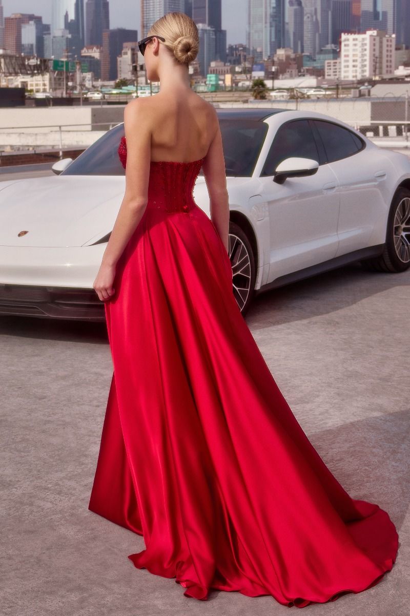 STRAPLESS BEADED SATIN A-LINE DRESS- CD297