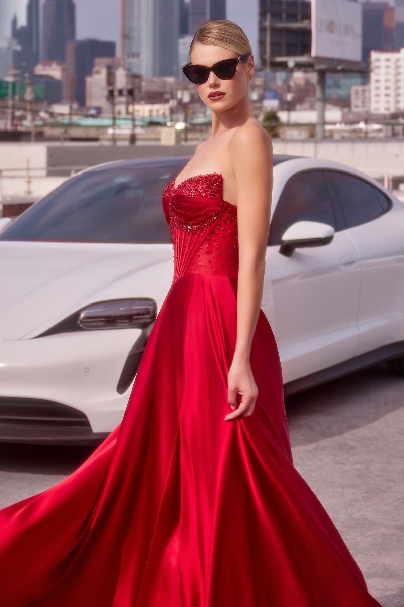 STRAPLESS BEADED SATIN A-LINE DRESS- CD297