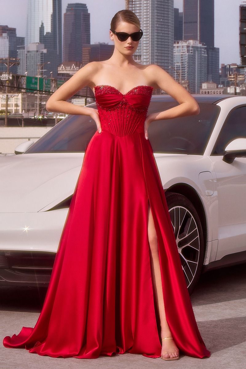 STRAPLESS BEADED SATIN A-LINE DRESS- CD297