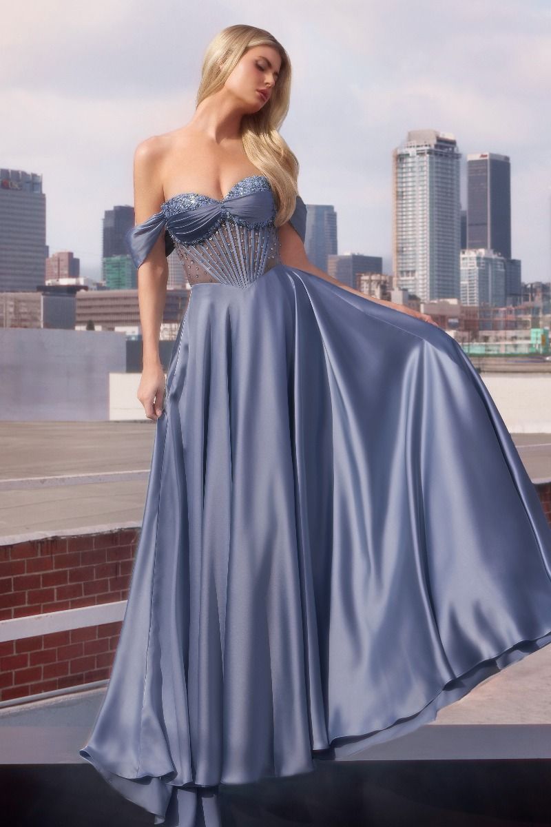 STRAPLESS BEADED SATIN A-LINE DRESS- CD297