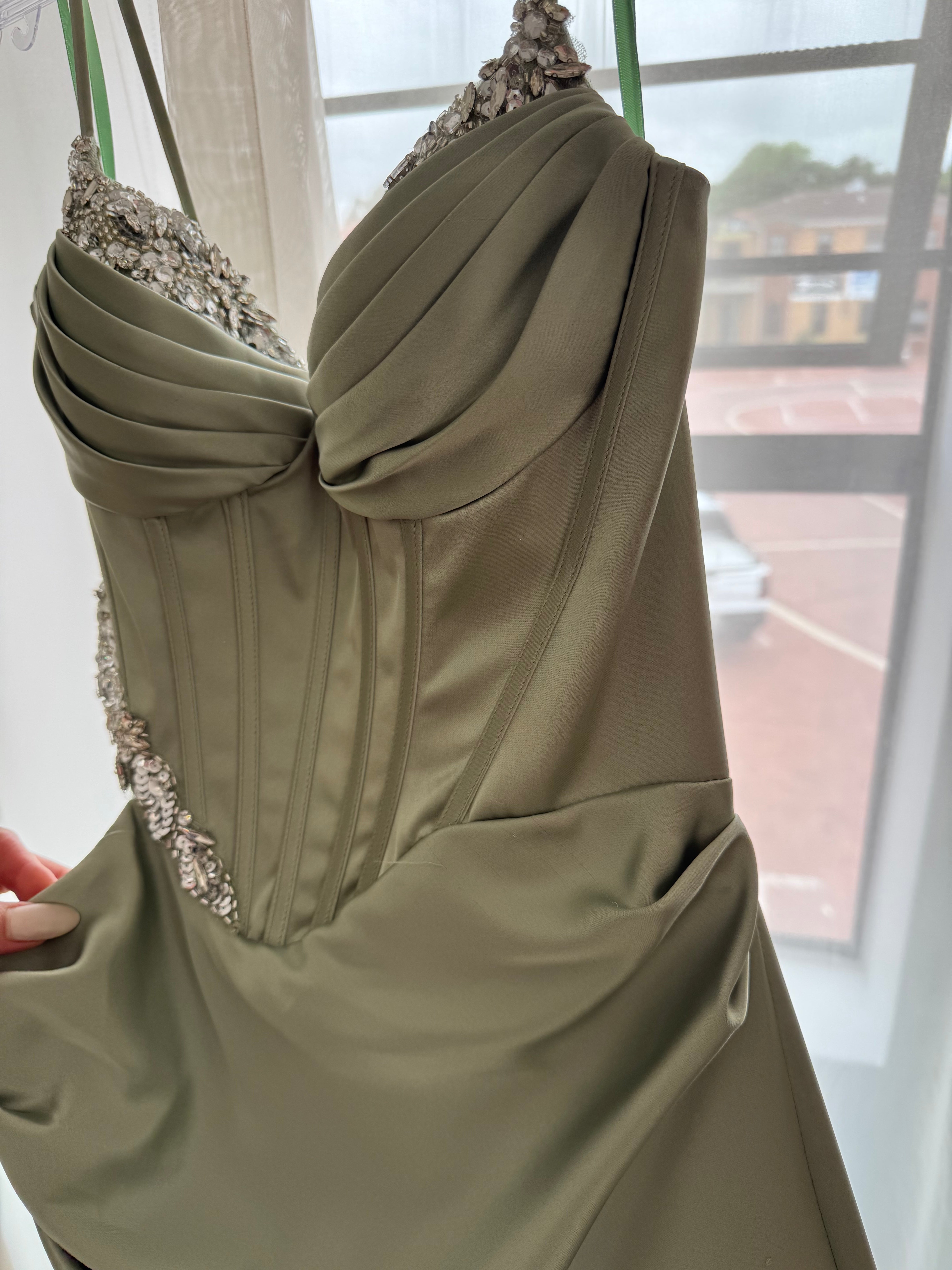 SAGE SATIN CUT OUT FITTED DRESS -CD375 (SHOWROOM SALE)