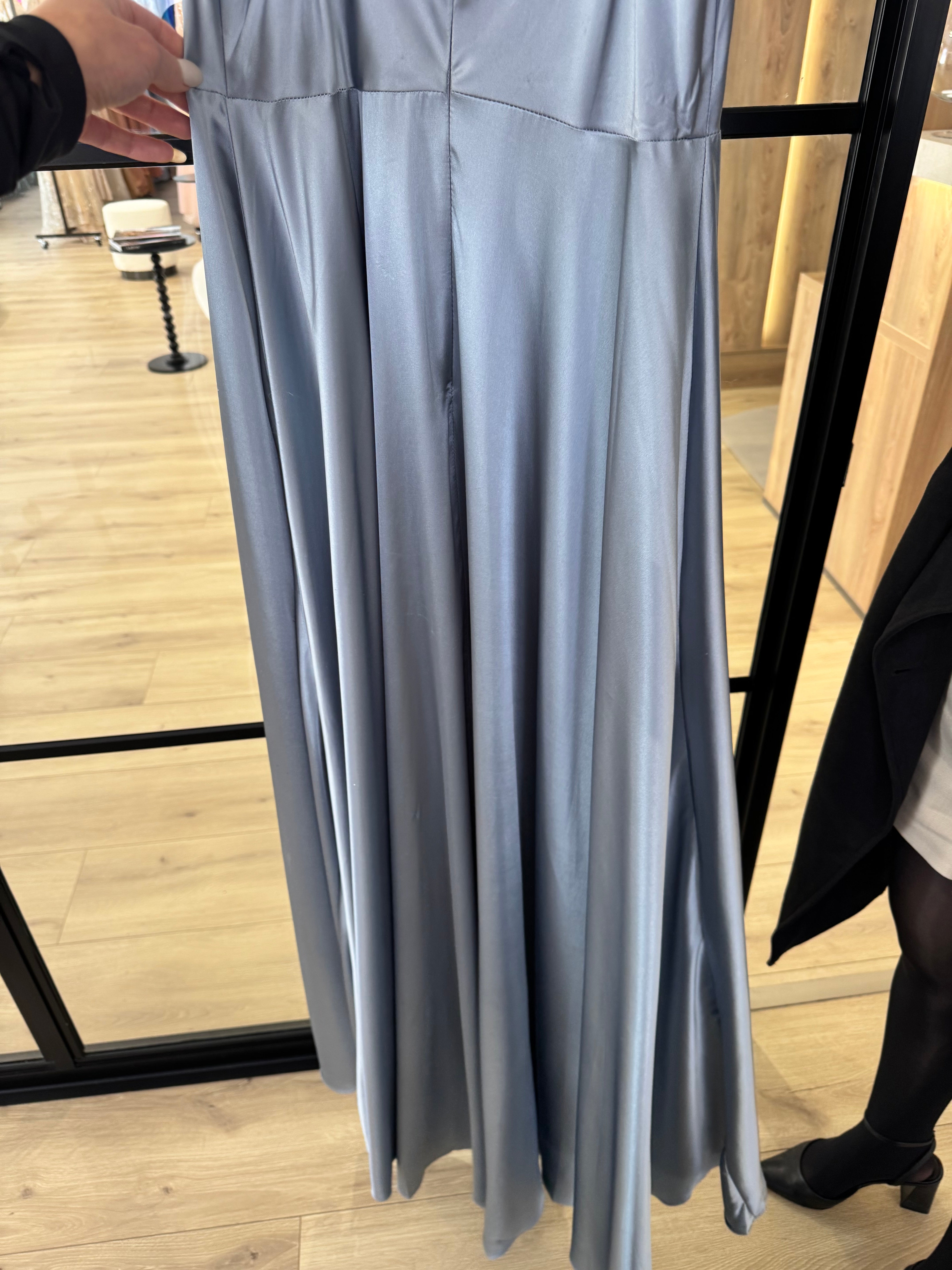 DUSTY BLUE SATIN A-LINE DRESS- BD104 (SHOWROOM SALE)